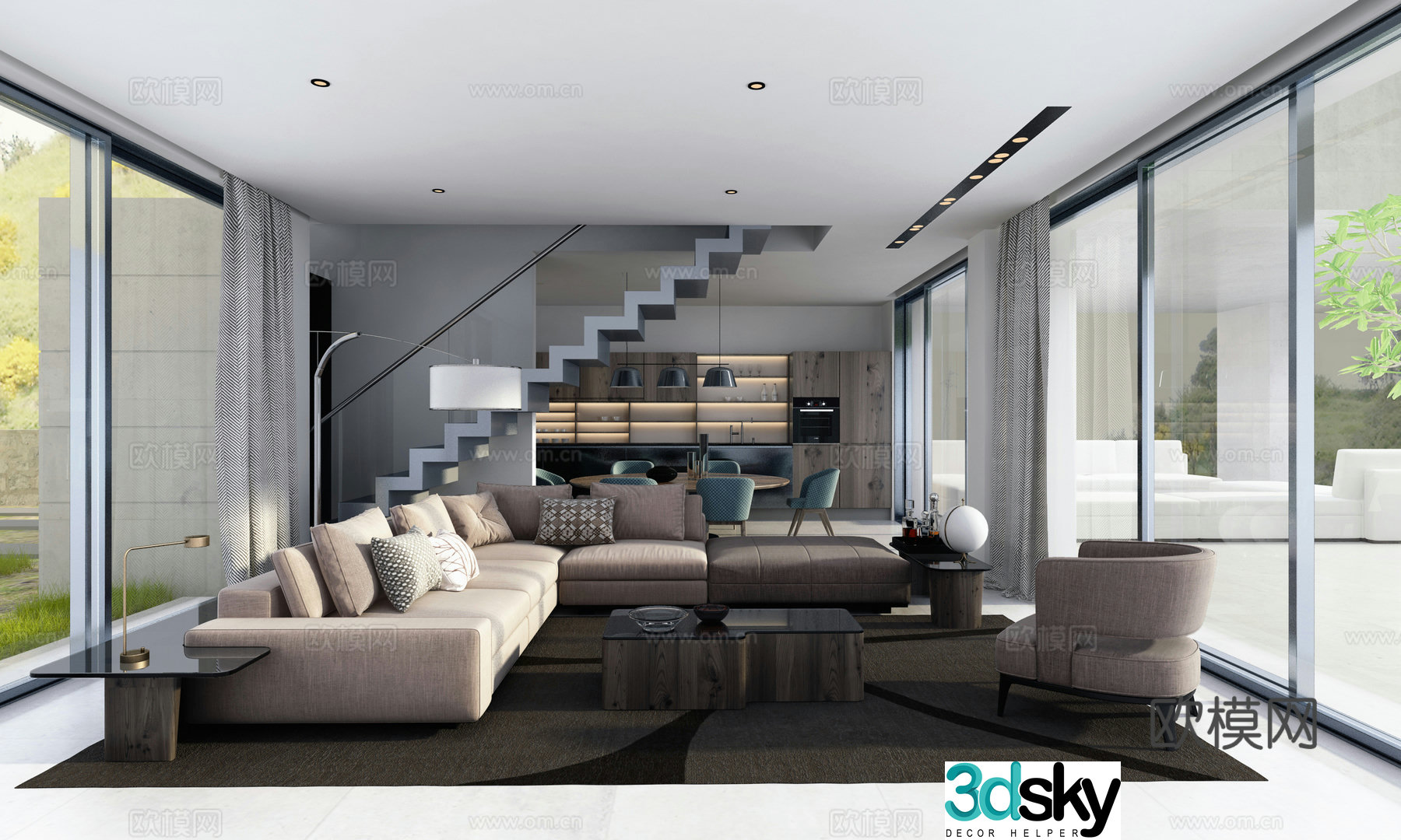 Modern villa living and dining room sofa combination dining table and chair combination open kitchen 3d model