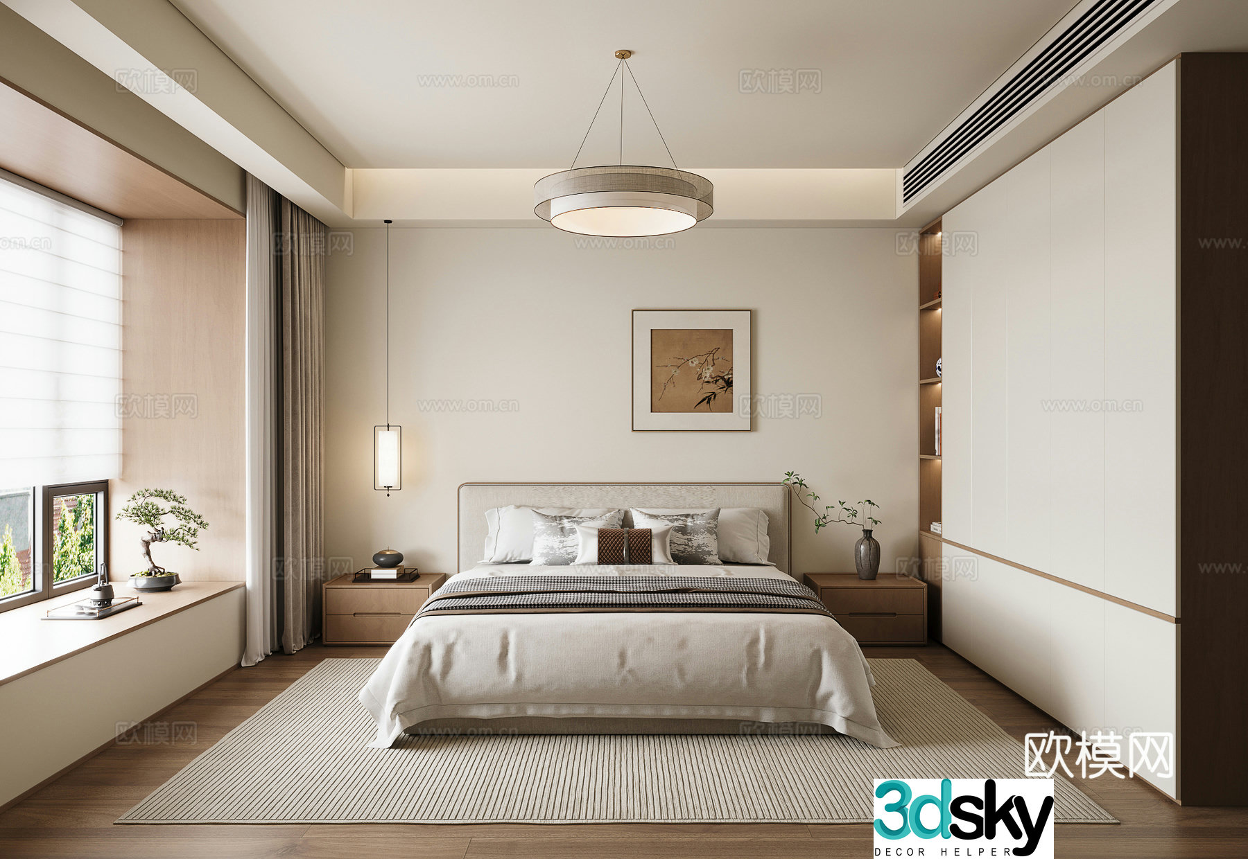 New Chinese style Song style bedroom Song style chandelier Song style double bed hanging painting 3D model