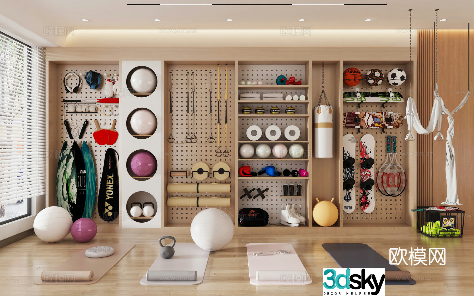 Sports fitness equipment, yoga equipment, yoga mat, surf skateboard, boxing sandbag boxer 3d model