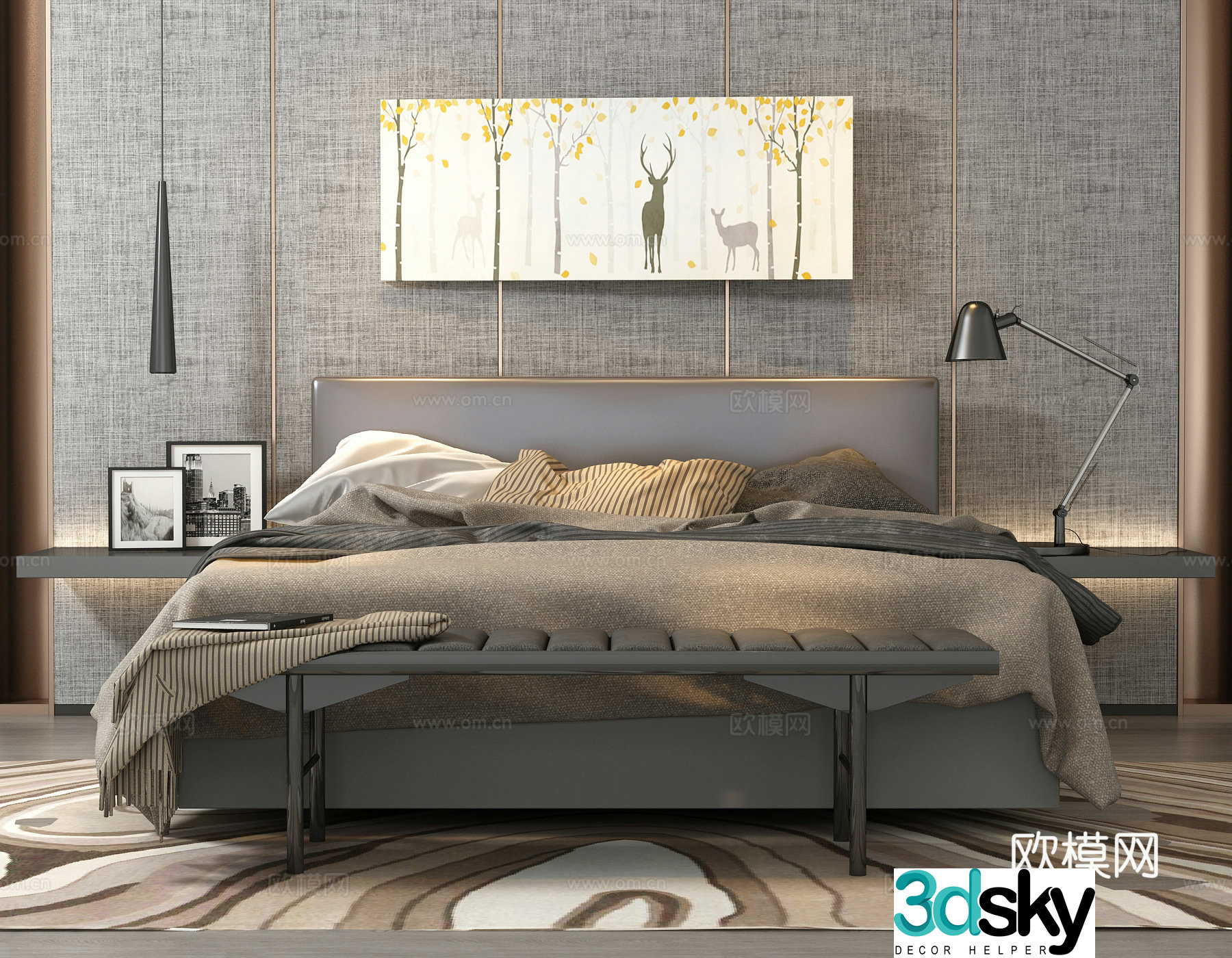 Modern double bed desk lamp hanging painting bedside table 3D model