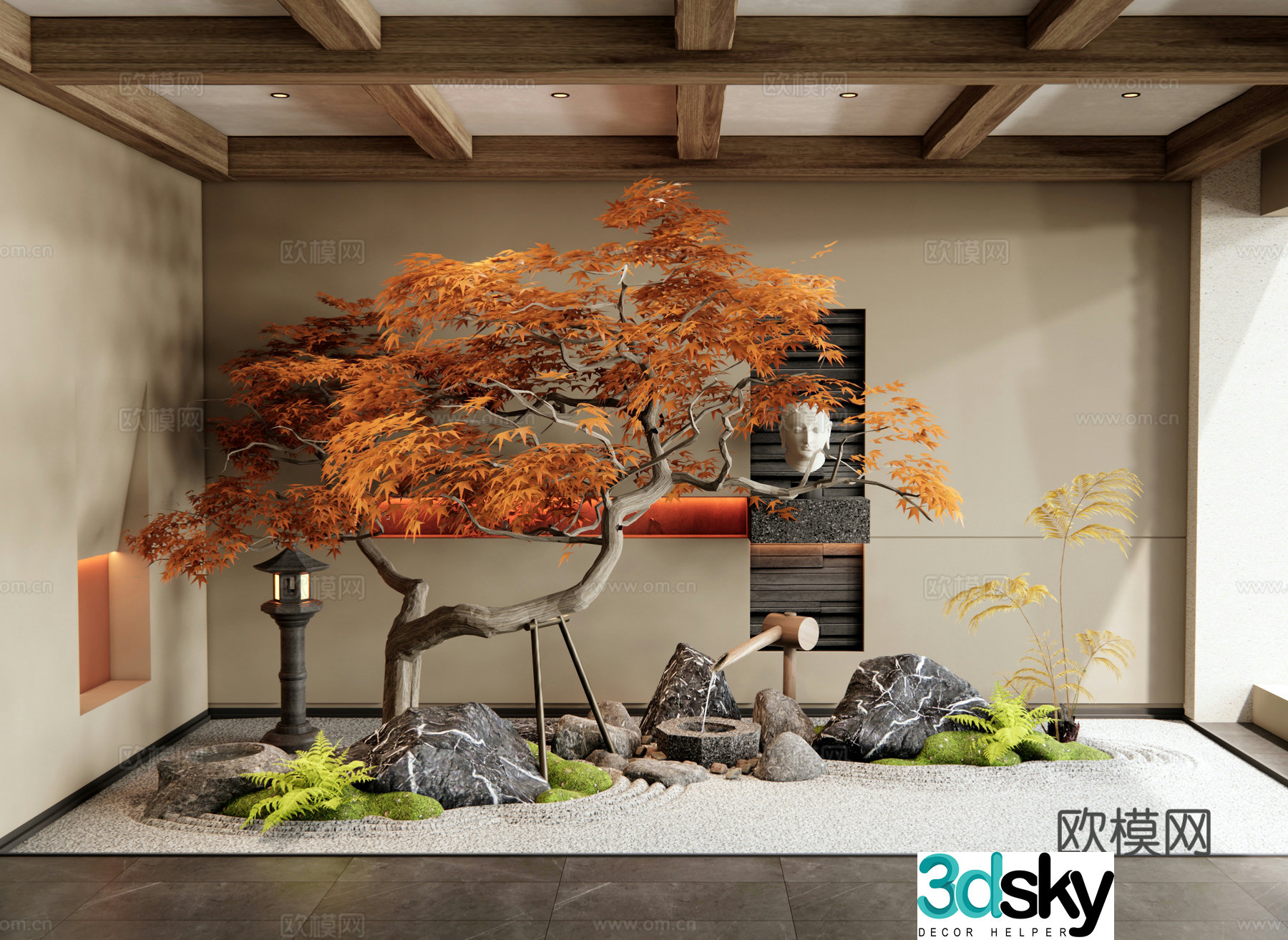 New Chinese-style interior landscape landscape garden sketches Dead landscape red maple landscape tree stone 3d model