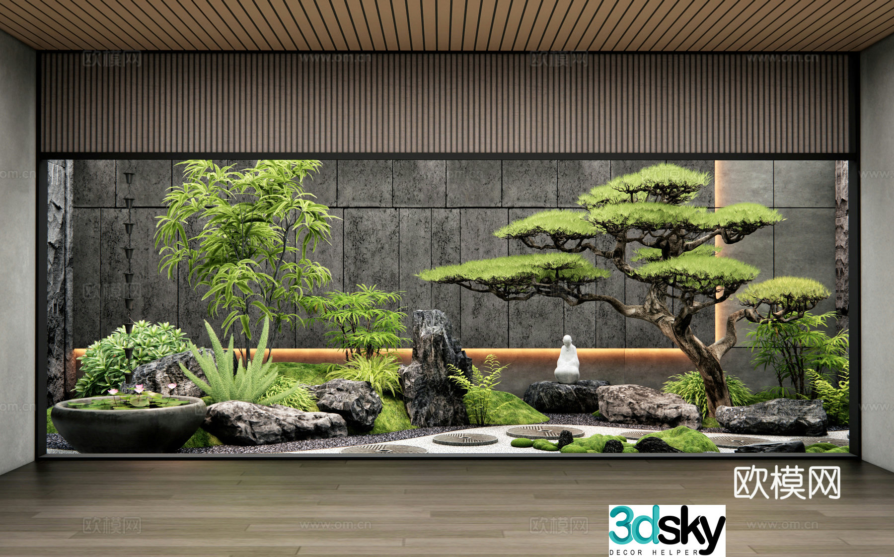 New Chinese style patio courtyard sketch Indoor landscape landscaping Tingwalk Stone Moss Plant landscaping 3D model