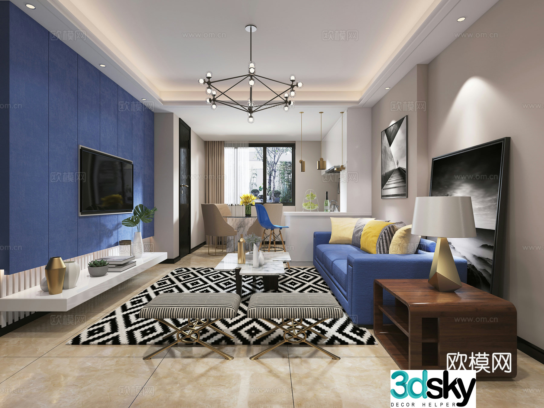 Modern living room Postmodern living room Dining table and chair Sofa coffee table Chandelier Desktop ornaments Hanging painting 3D model