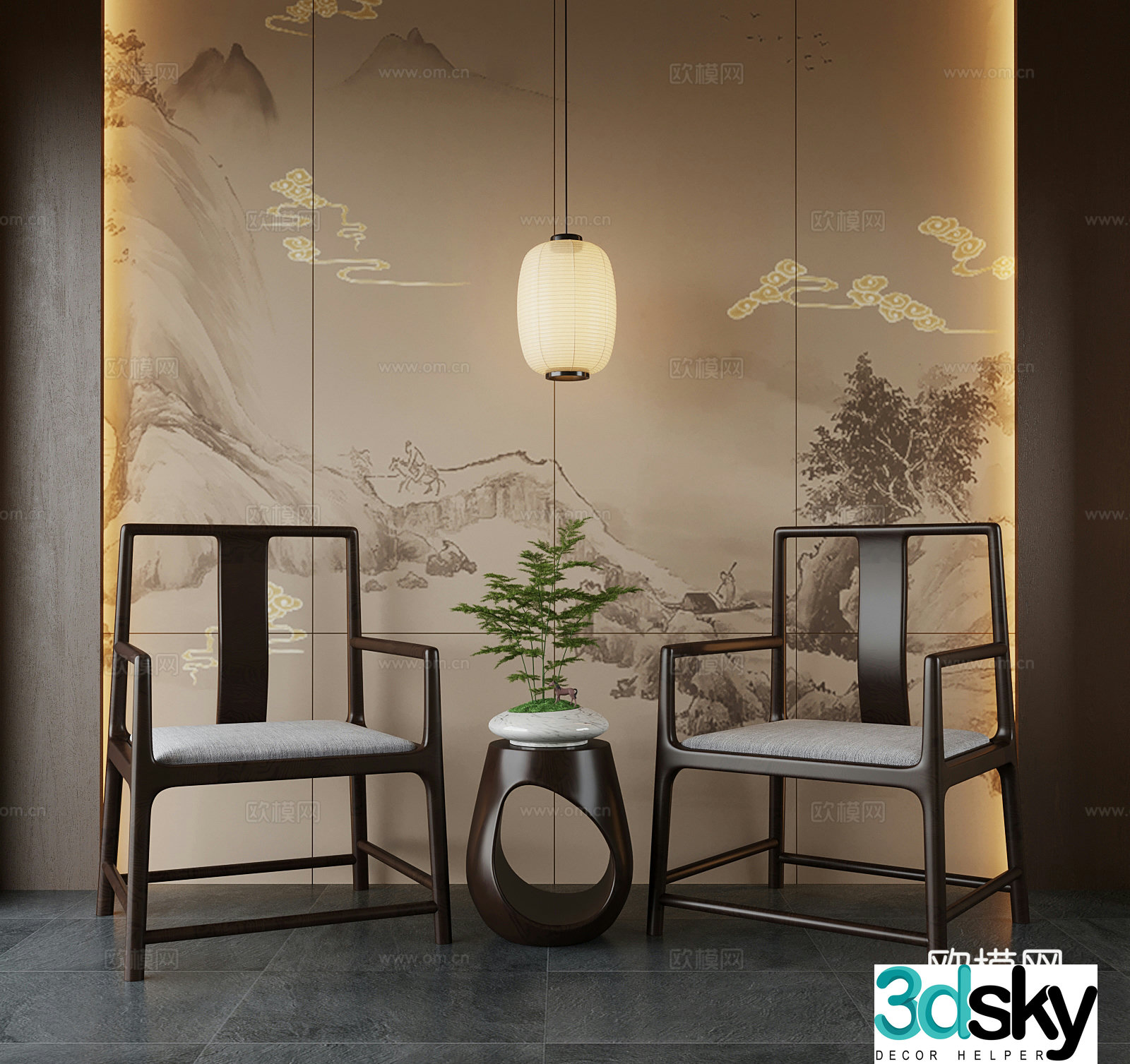 New Chinese style chair ring chair chandelier 3d model