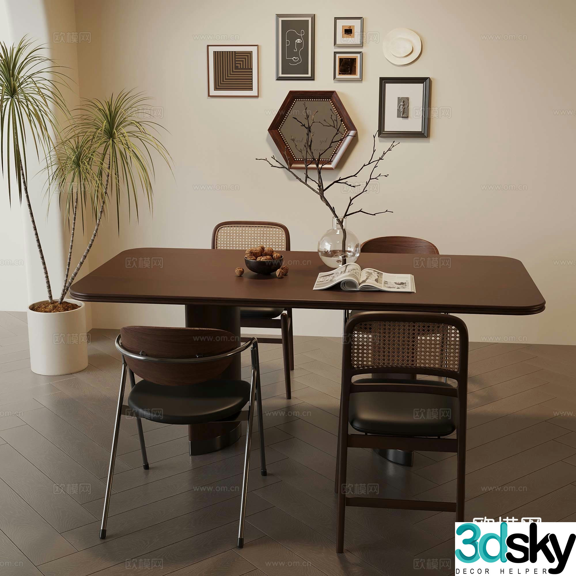 Medium style dining table and chair 3D model