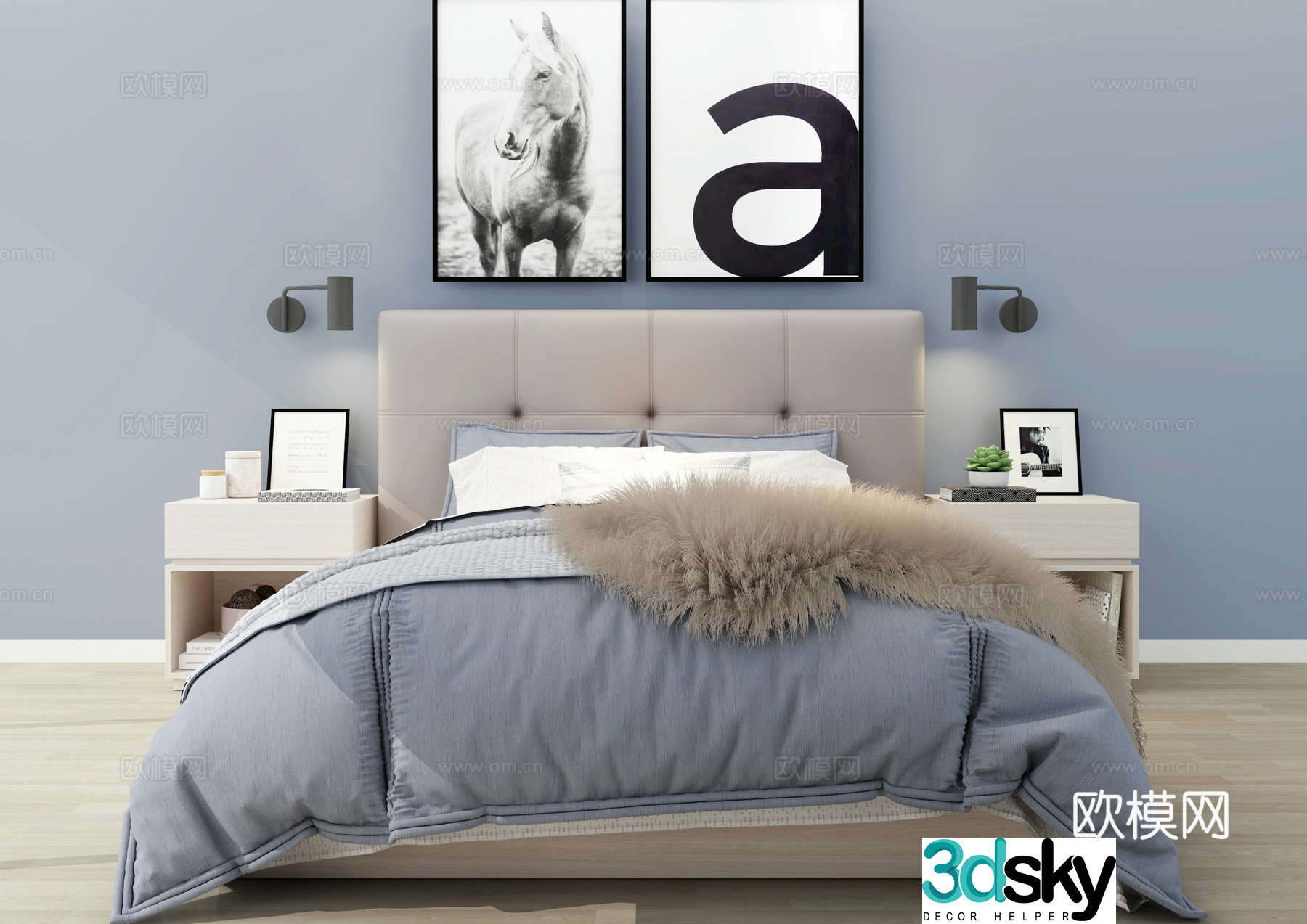 Nordic bedroom Nordic style bed nightstand hanging painting 3d model