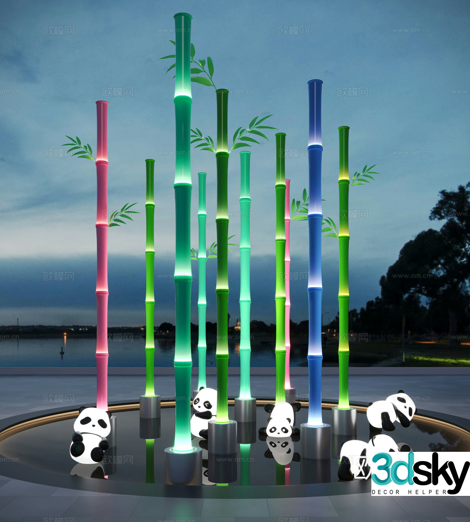 Modern landscape sculpture Bamboo sculpture Panda sculpture Square sculpture installation Bamboo installation 3d model