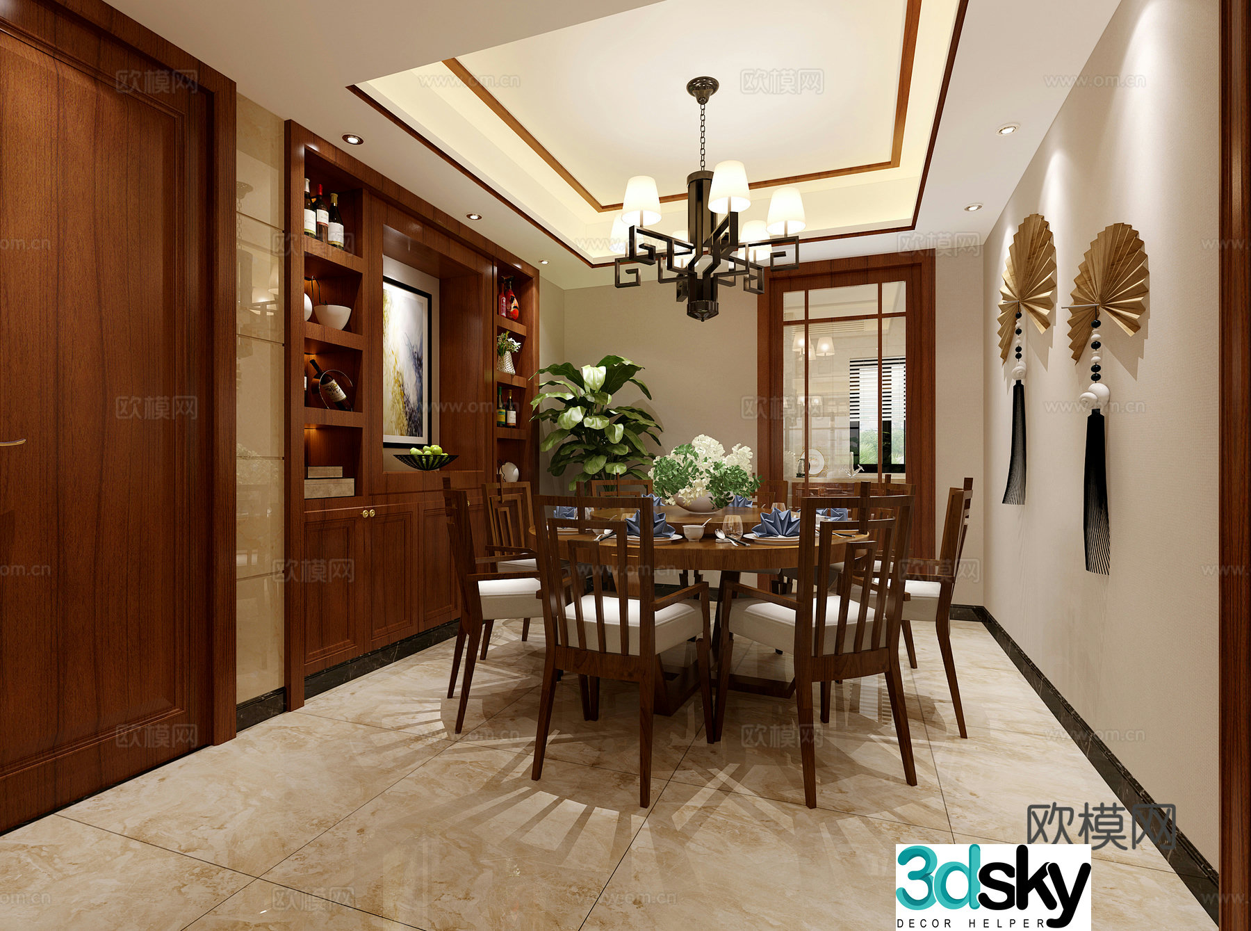 Simple new Chinese style living and dining room chandelier dining table and chair 3D model