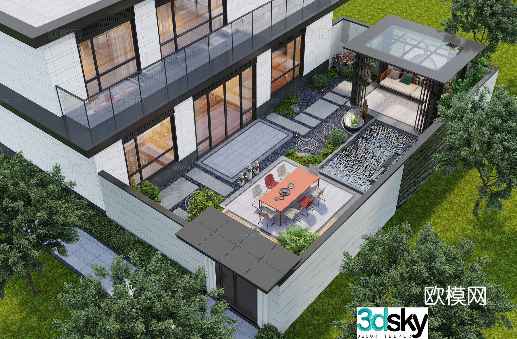 New Chinese style courtyard landscape pavilion courtyard water view villa courtyard courtyard sketch 3d model