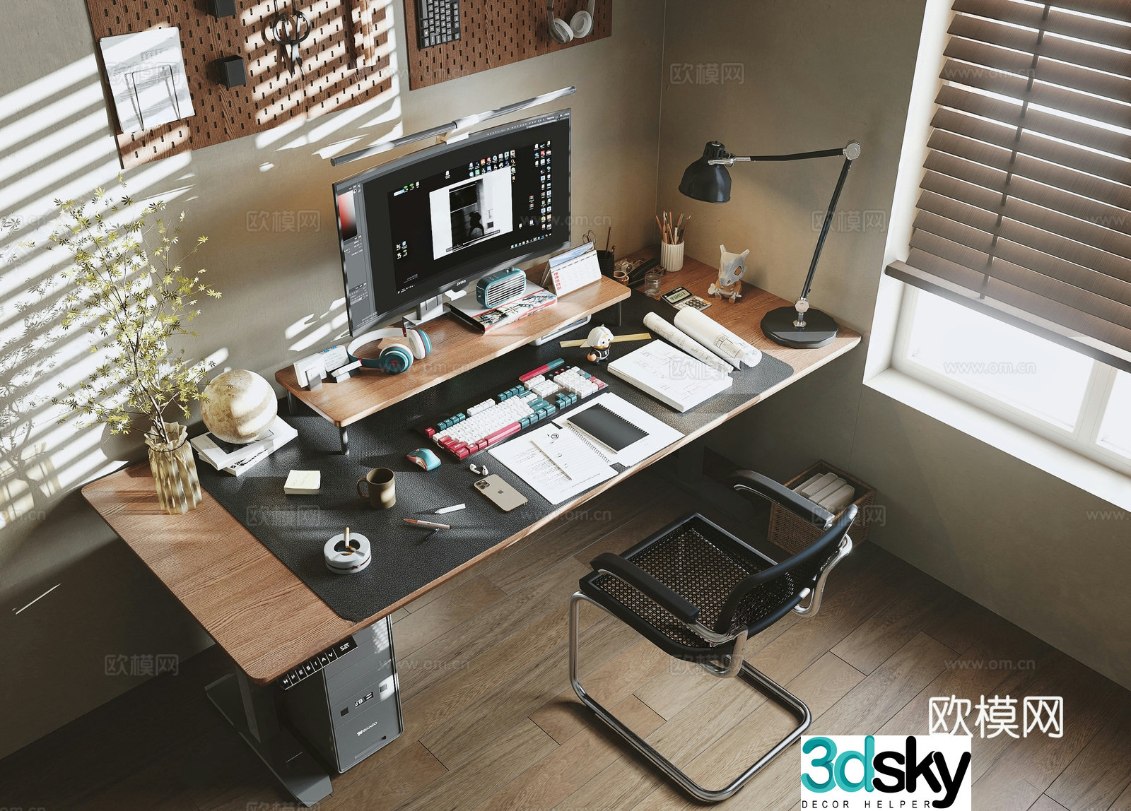 Modern computer desk desk lamp mouse keyboard vase notebook ashtray audio headset 3d model