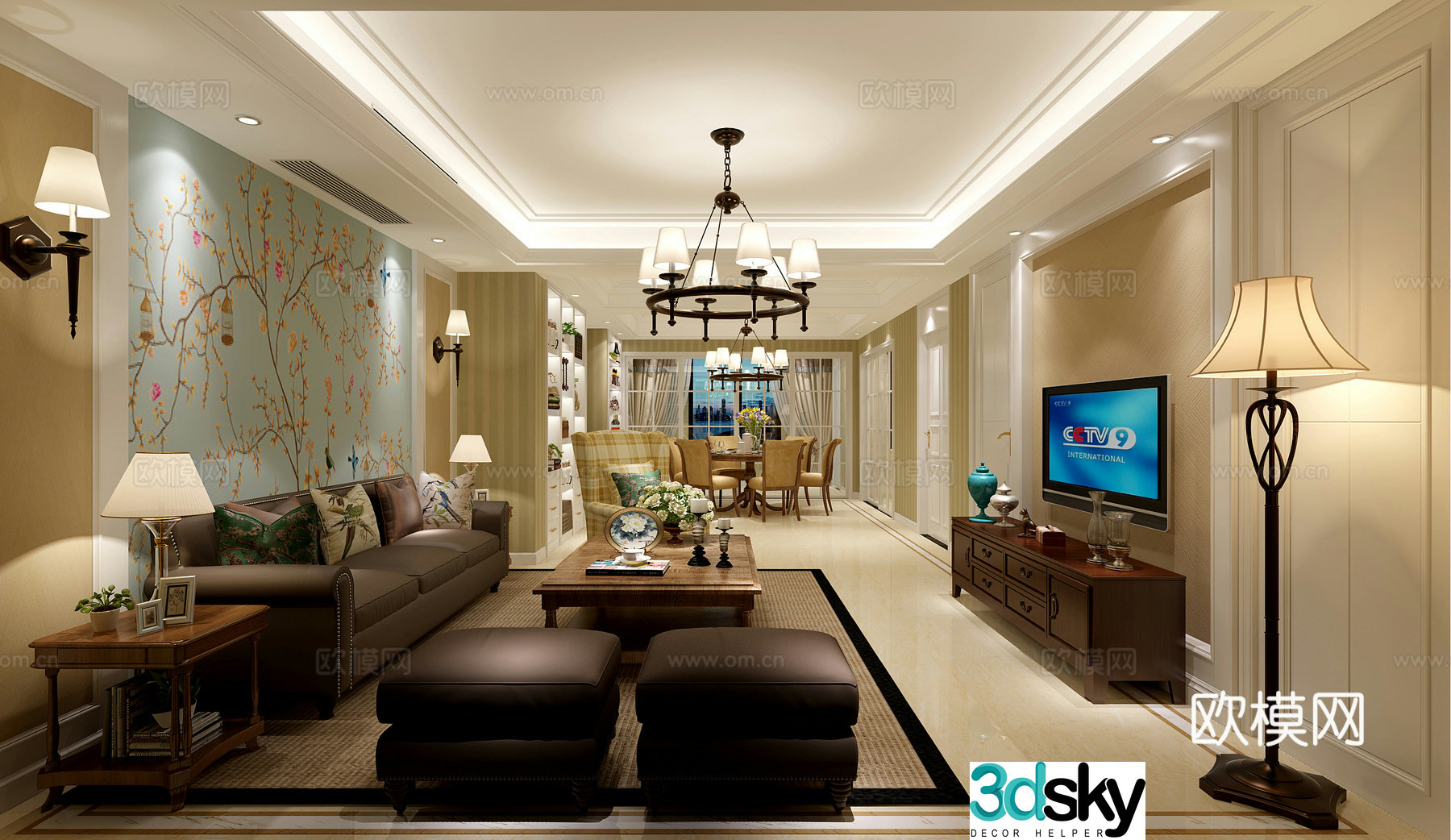 Simple Chinese living and dining room sofa coffee table chandeliers paintings TV cabinets ornaments dining tables and chairs 3D models