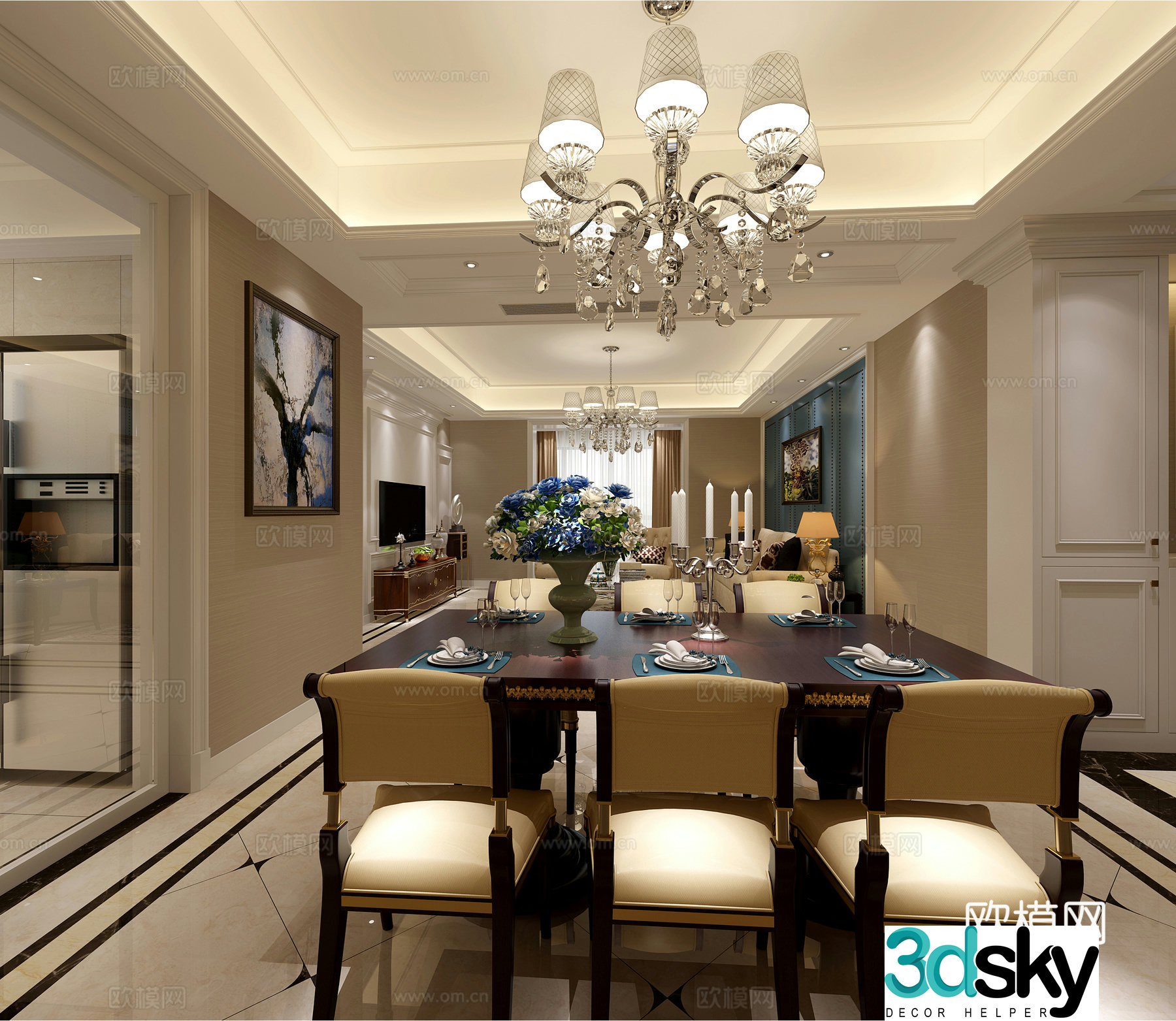 Simple American living and dining room sofa coffee table chandeliers paintings TV cabinets ornaments dining tables and chairs 3D models