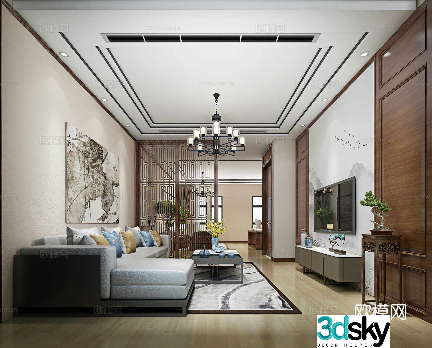 New Chinese style living room chandelier TV cabinet corner sofa 3D model