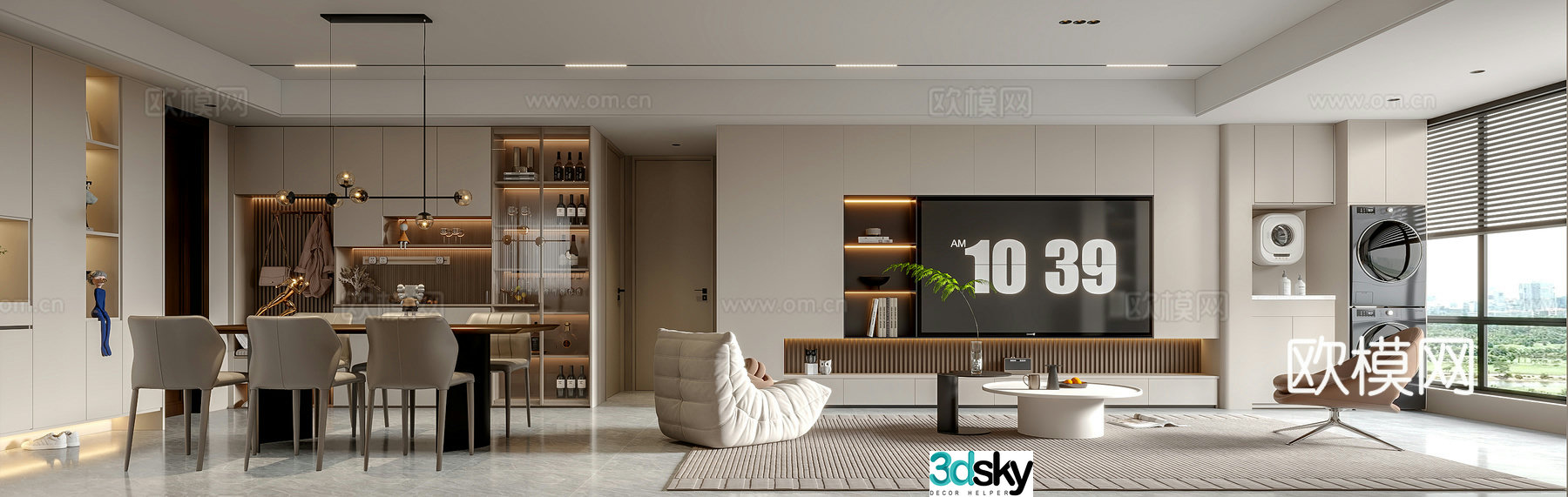 Creamy style modern living room sofa dining table TV wall 3d model