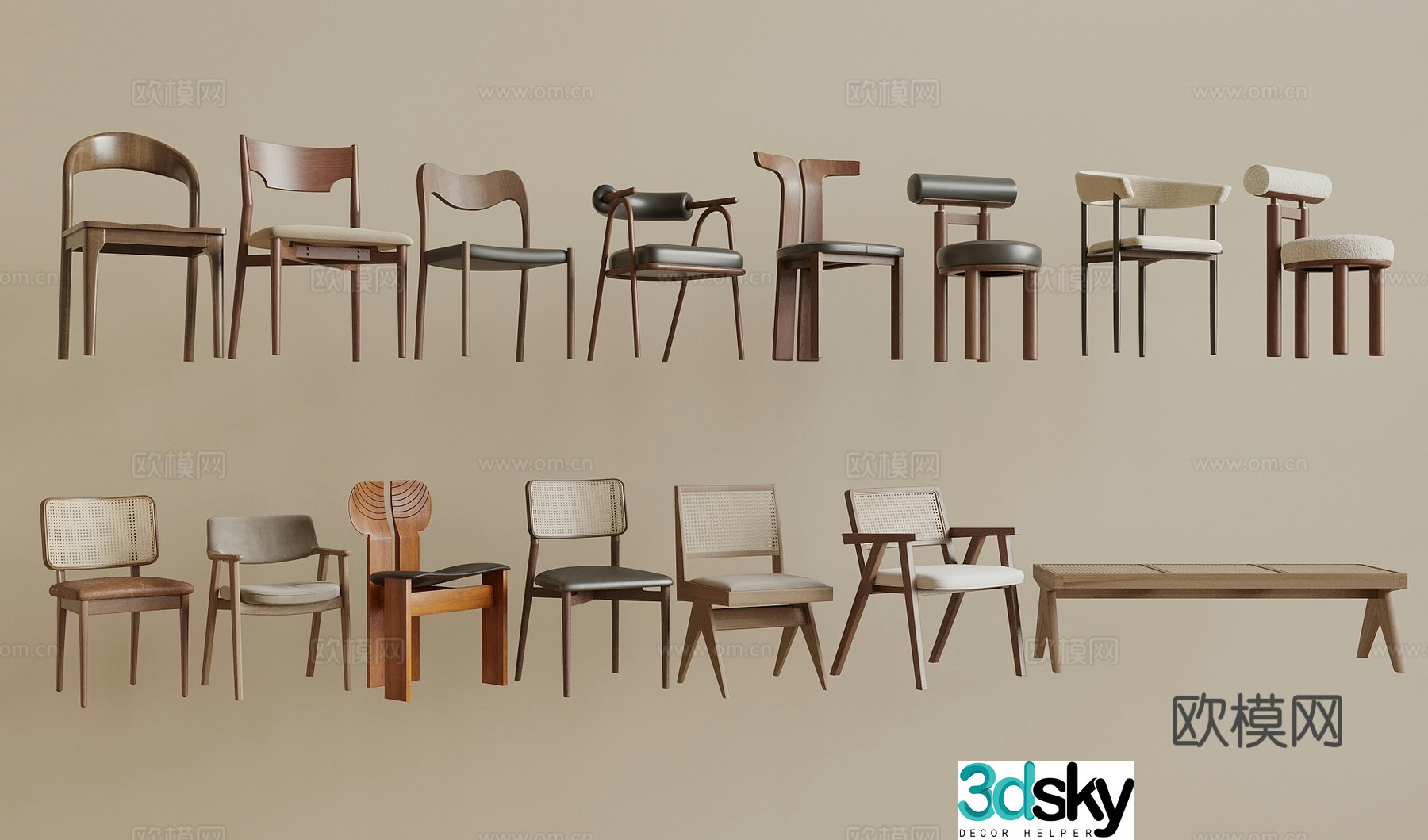 Wasabi Medium-old Dining Chair Wasabi Medium-old Single Chair Wicker Chair Wooden Chair 3D Model