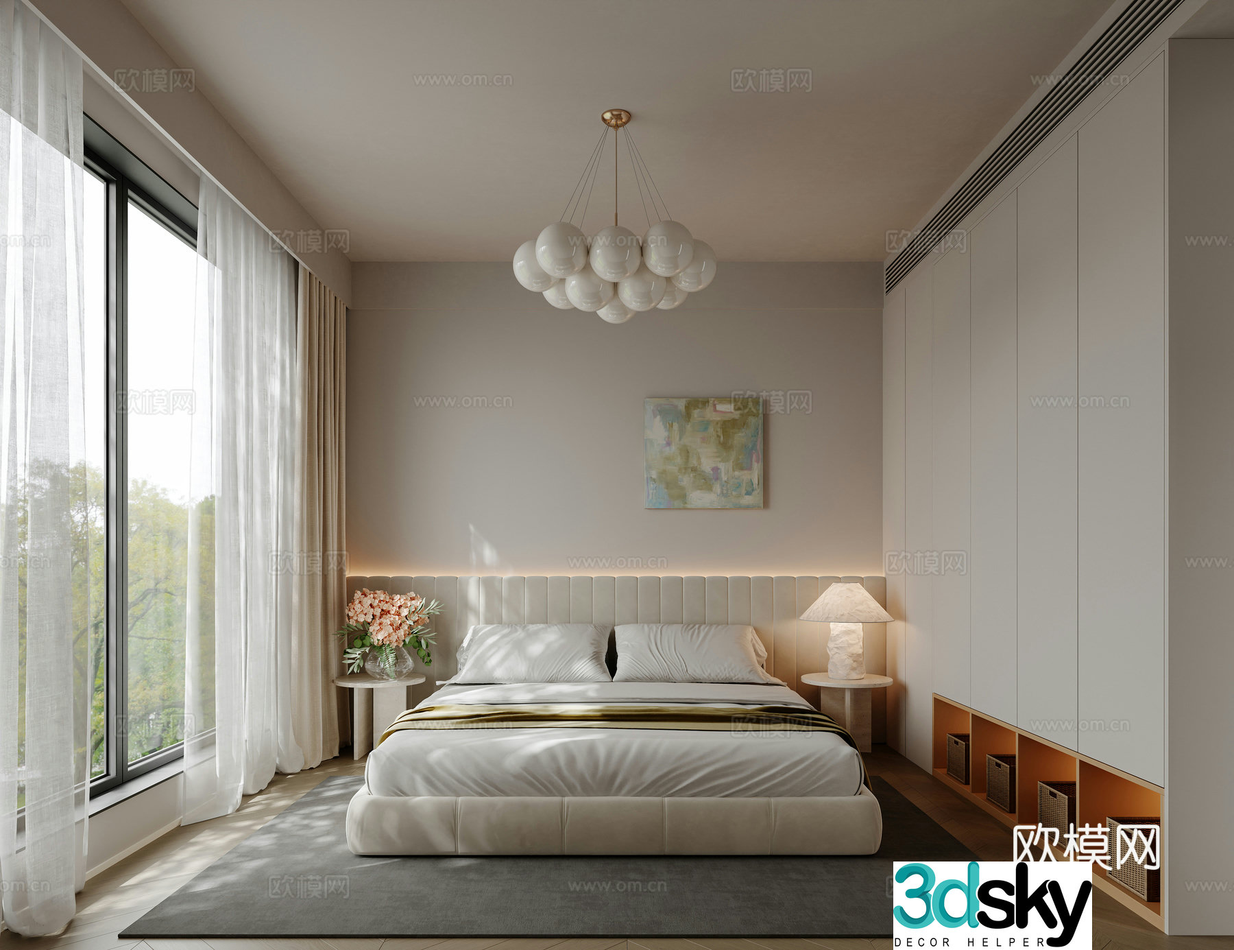 Modern creamy bedroom 3d model