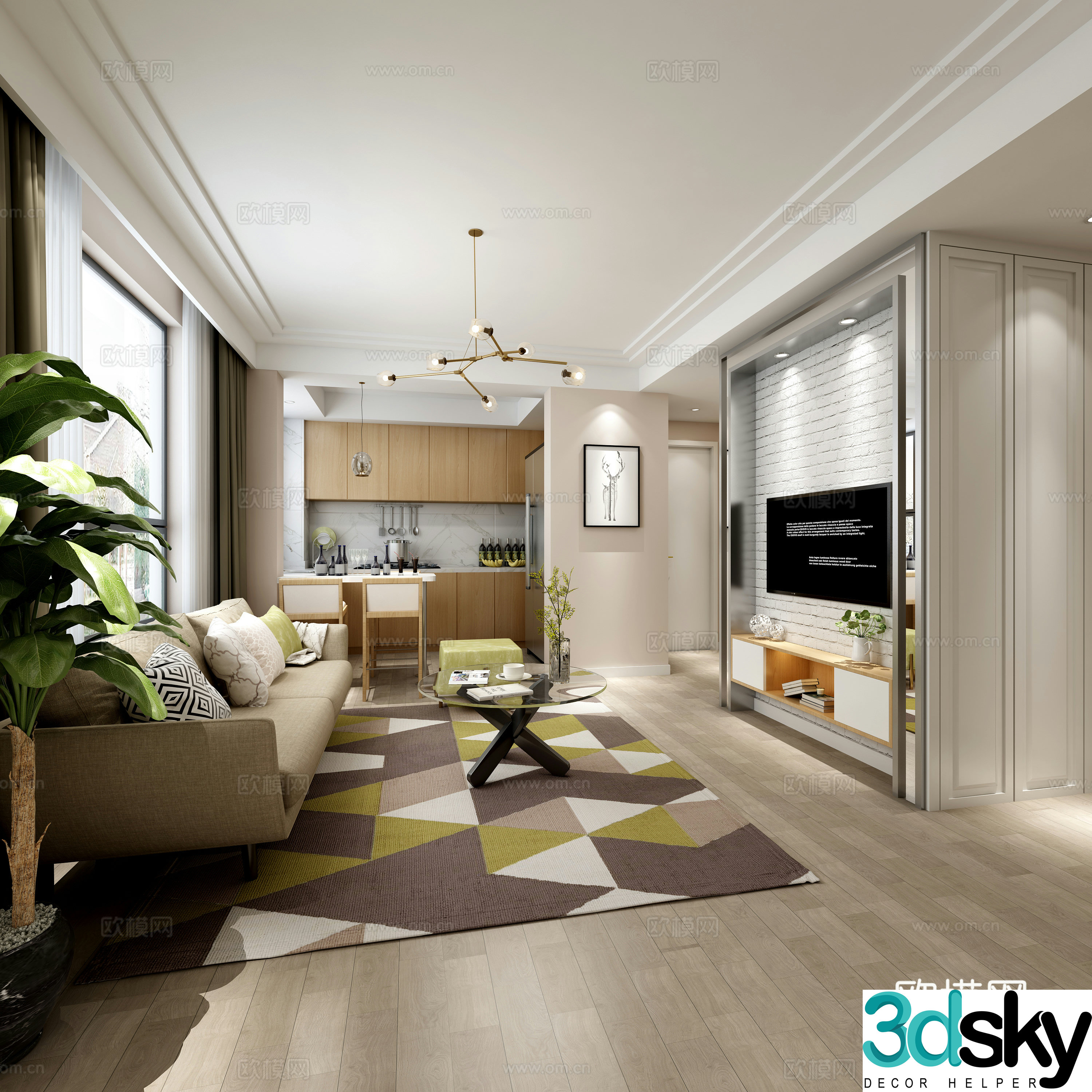 Nordic living room kitchen mid island table 3D model