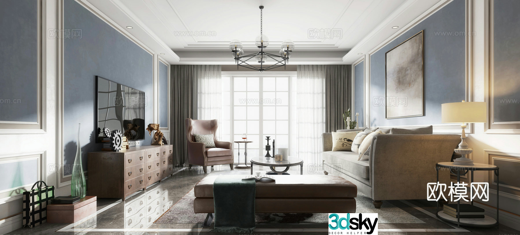 Modern American living room dining table chair sofa coffee table chandelier desktop ornament hanging painting 3D model
