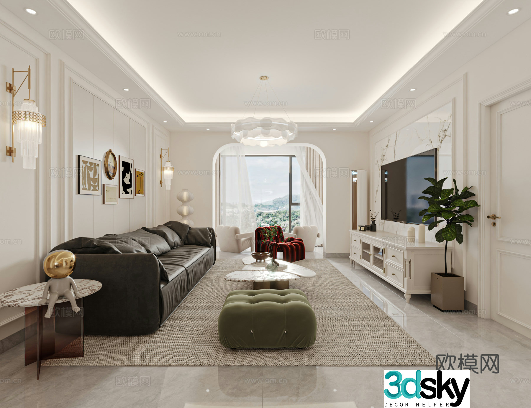 Light luxury French living and dining room 3D model