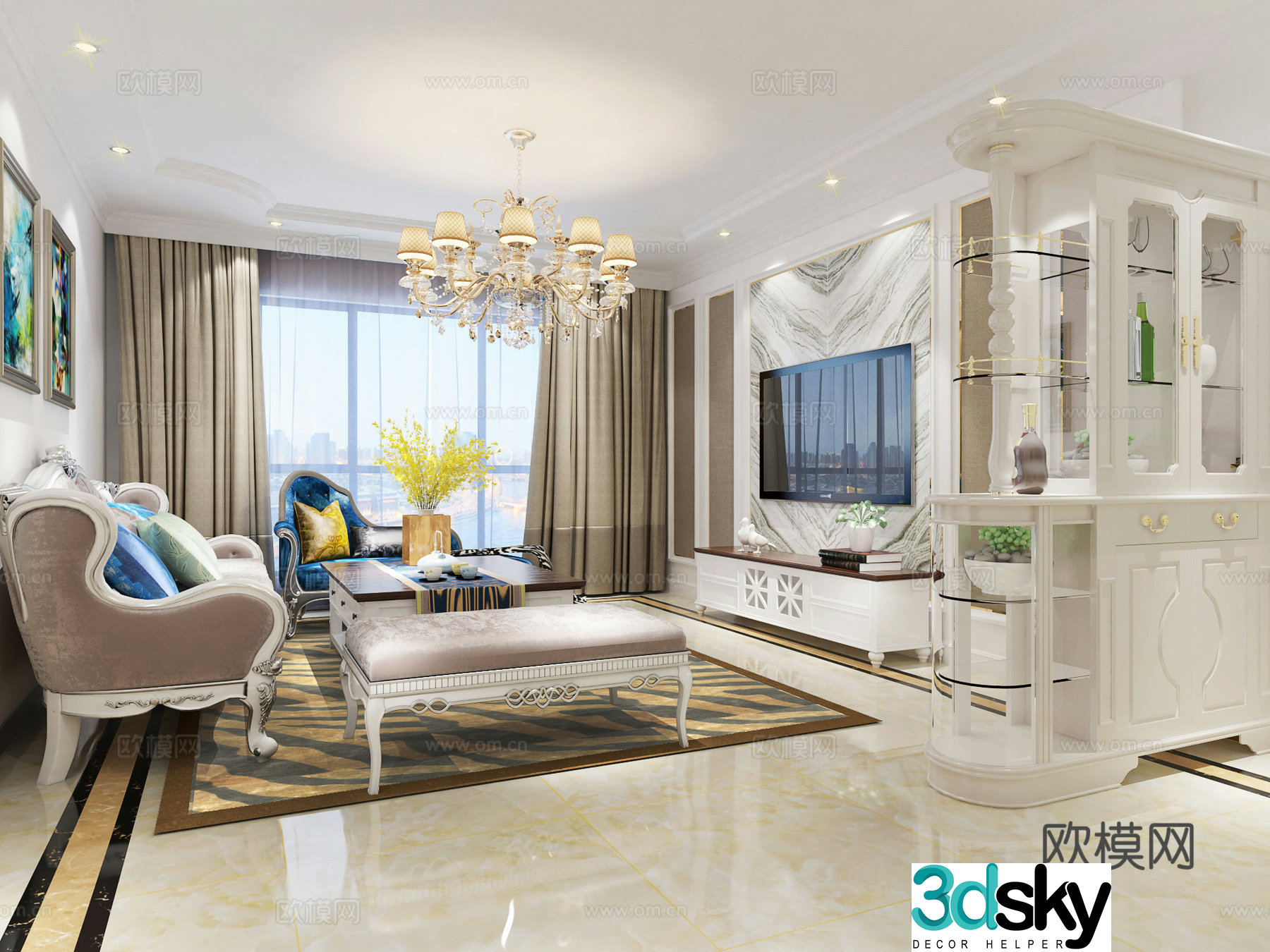 Simple European living room sofa coffee table chandelier desktop ornament 3D model of hanging paintings
