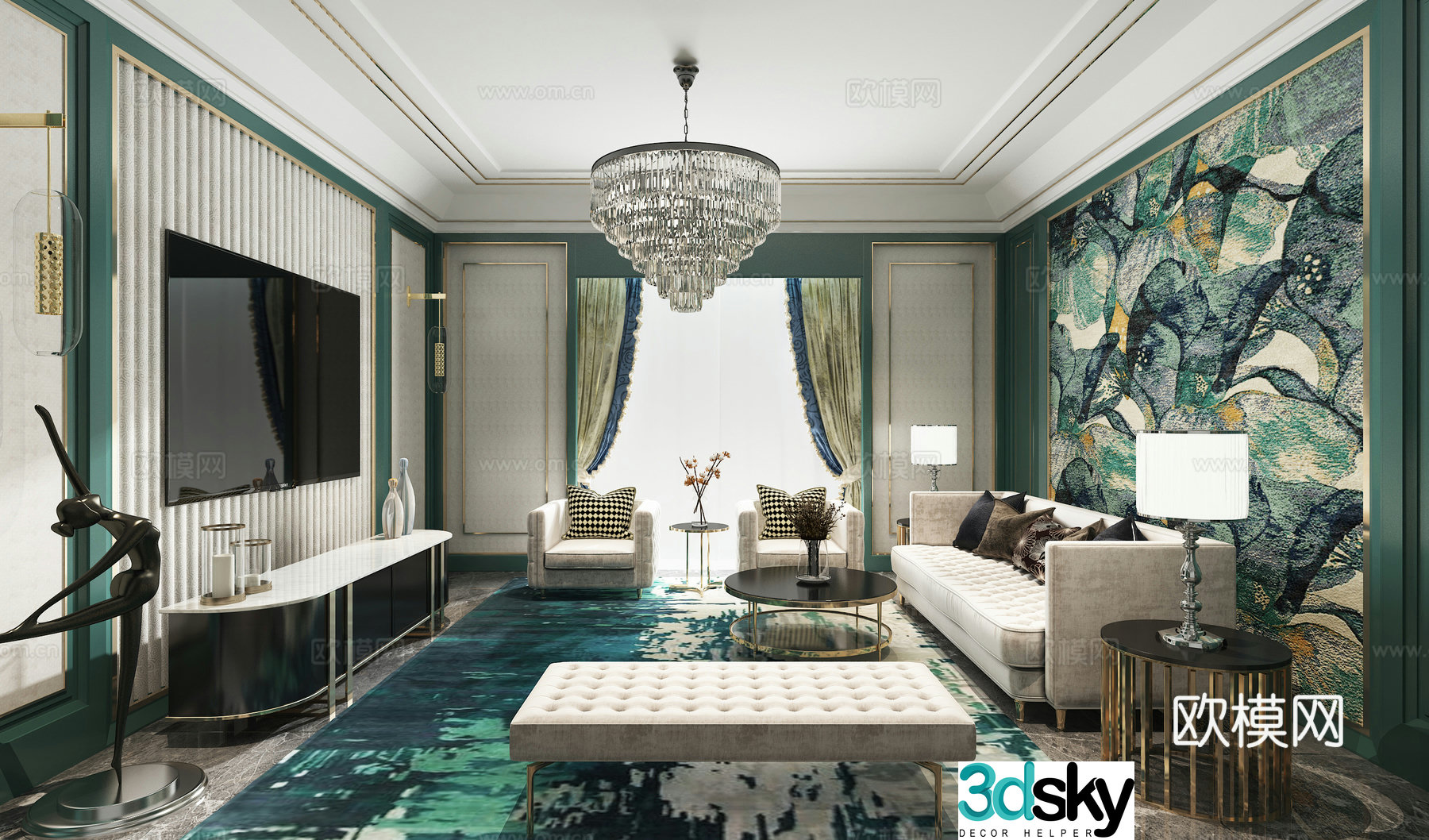 European living room sofa coffee table chandelier decoration 3d model