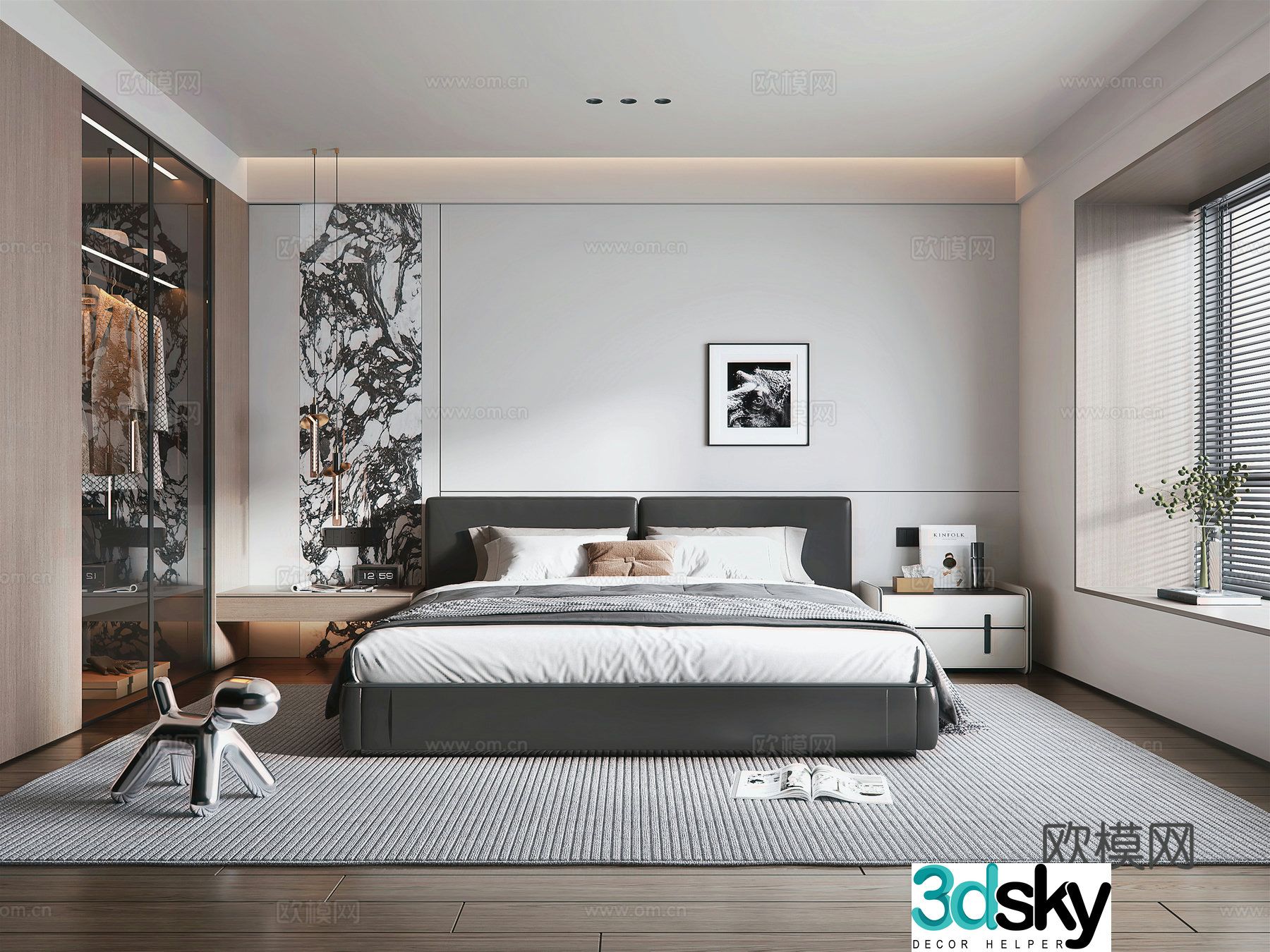 Italian light luxury home bedroom Italian double bed bedside table wardrobe bedroom decoration bedside hanger 3D model
