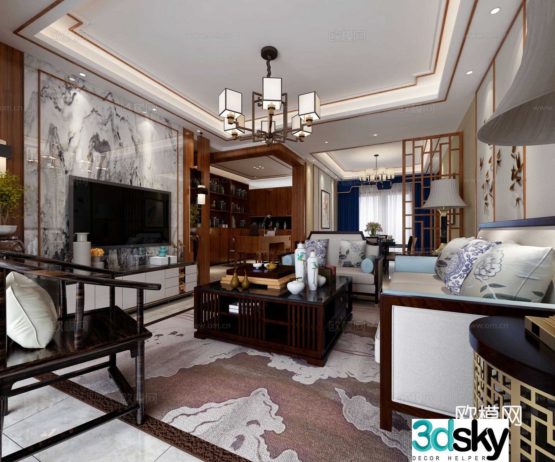 Chinese style living and dining room sofa coffee table chandeliers hanging paintings TV cabinet ornaments dining table and chair 3D model