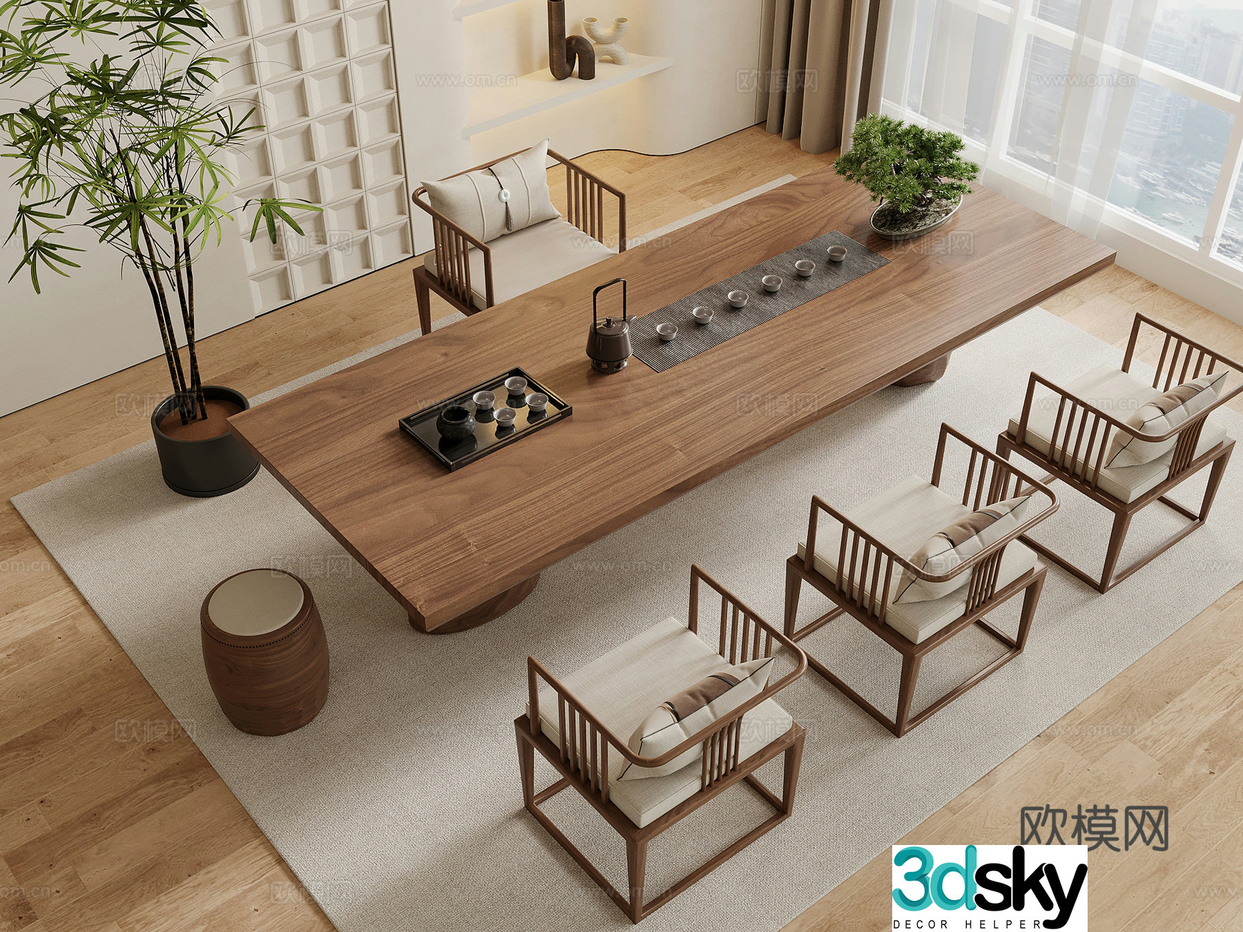 Tea room New Chinese style tea room Tea table and chair Tea set 3D model