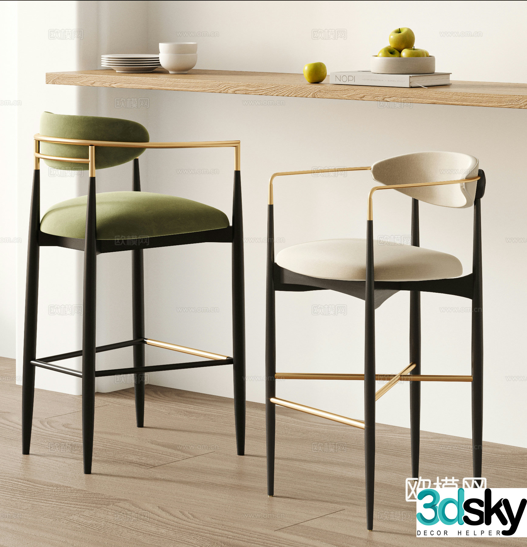 Modern light luxury medieval French bar chair bar stool bar chair combination 3D model