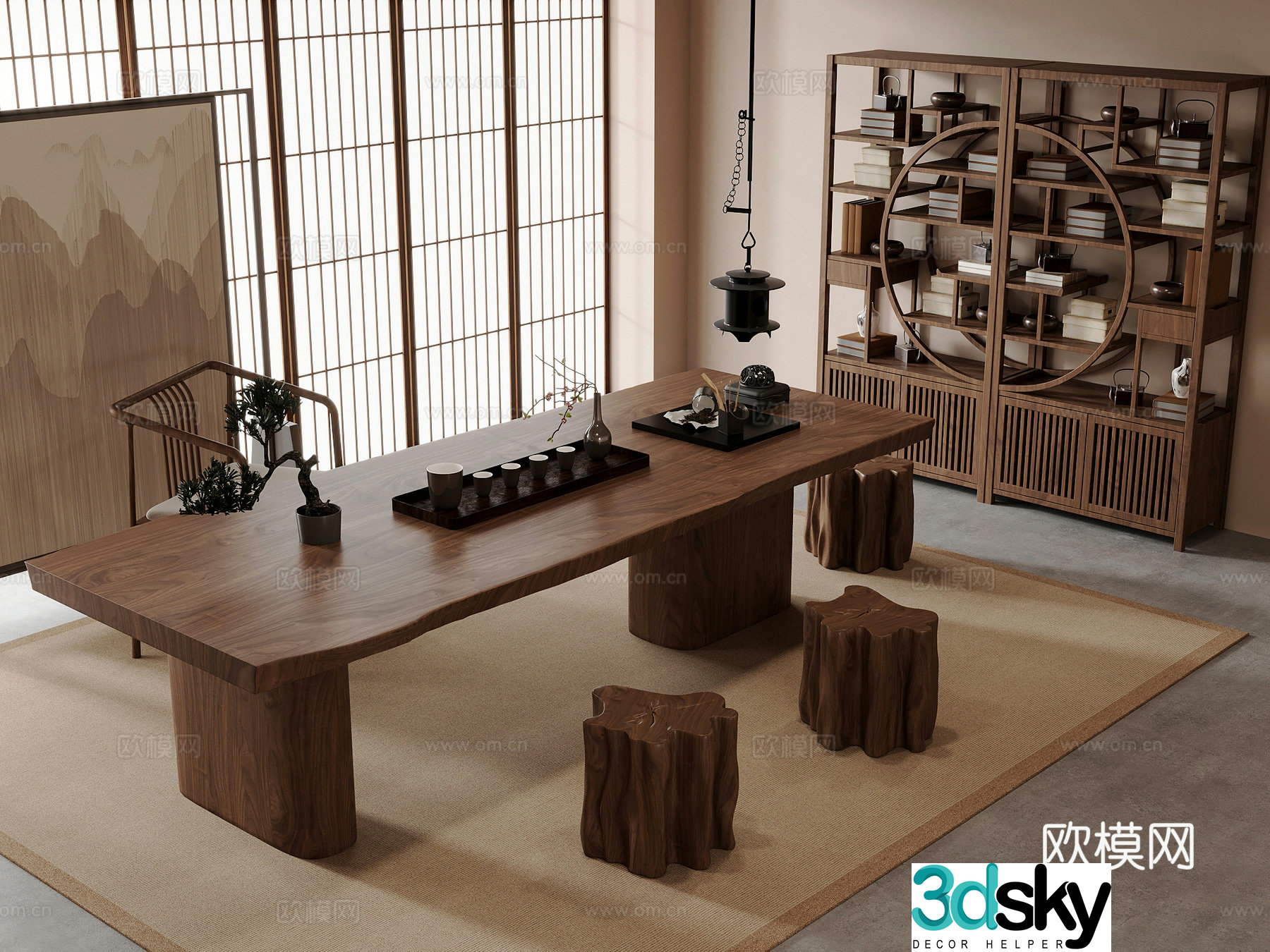 Tea room New Chinese style tea room Tea table and chair Tea table Tea set Bo Gu shelf 3D model