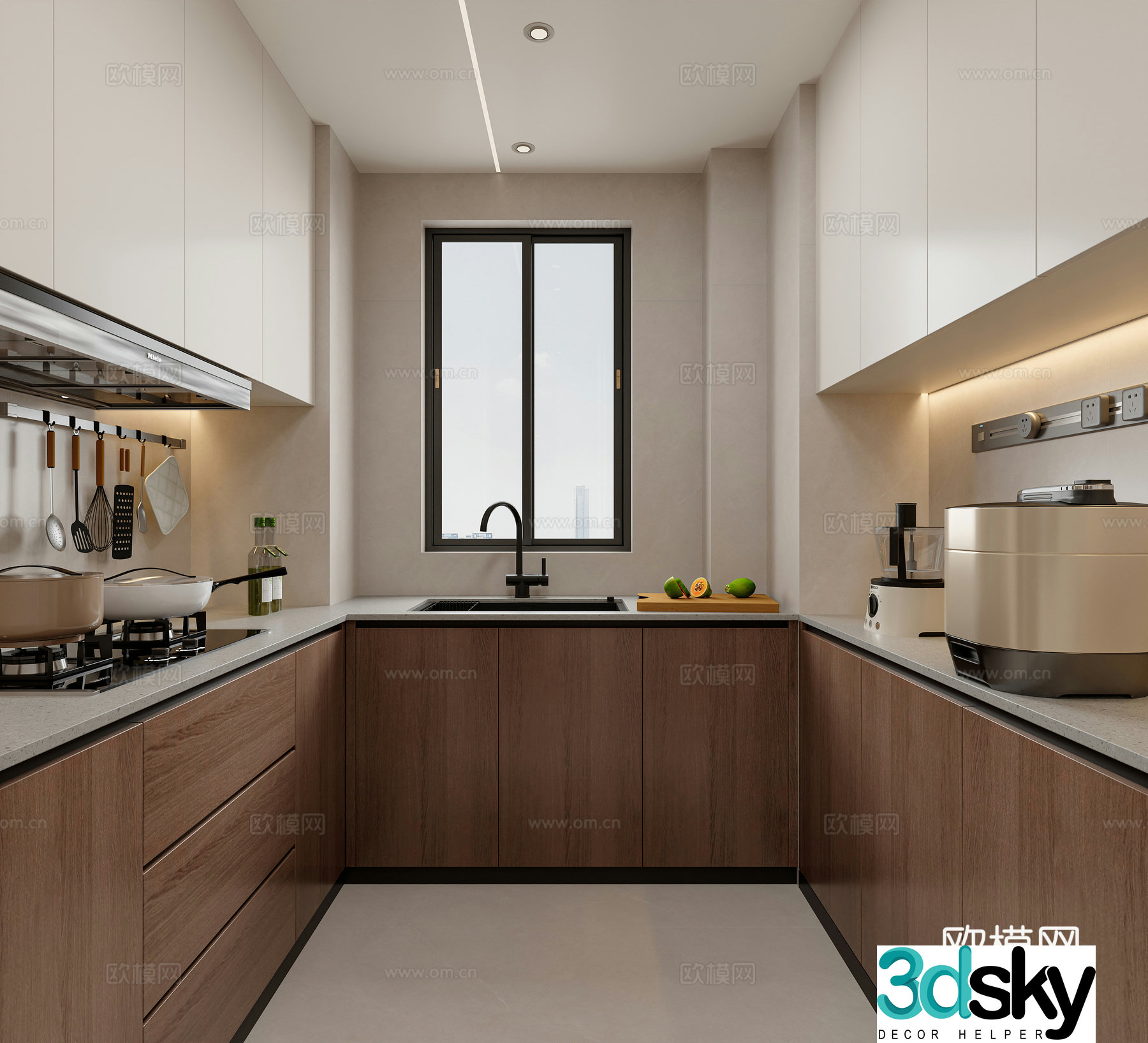 Creamy medieval style U-shaped kitchen 3d model