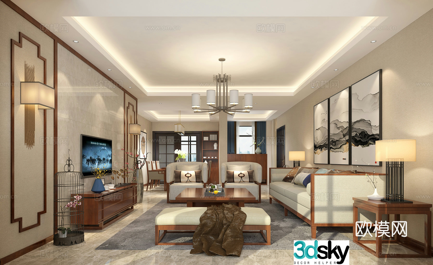 New Chinese style living and dining room sofa coffee table chandeliers desktop ornaments 3D model of hanging paintings