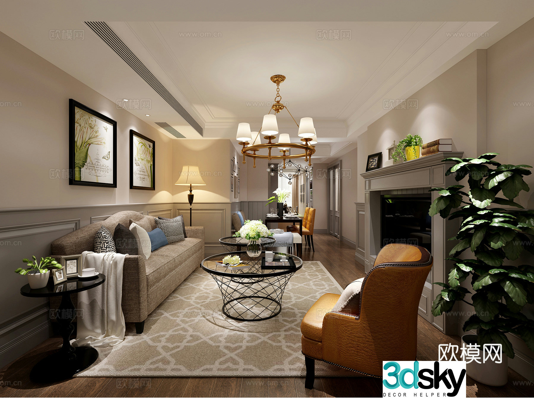 American living and dining table chair sofa coffee table chandeliers desktop ornaments hang paintings 3D model