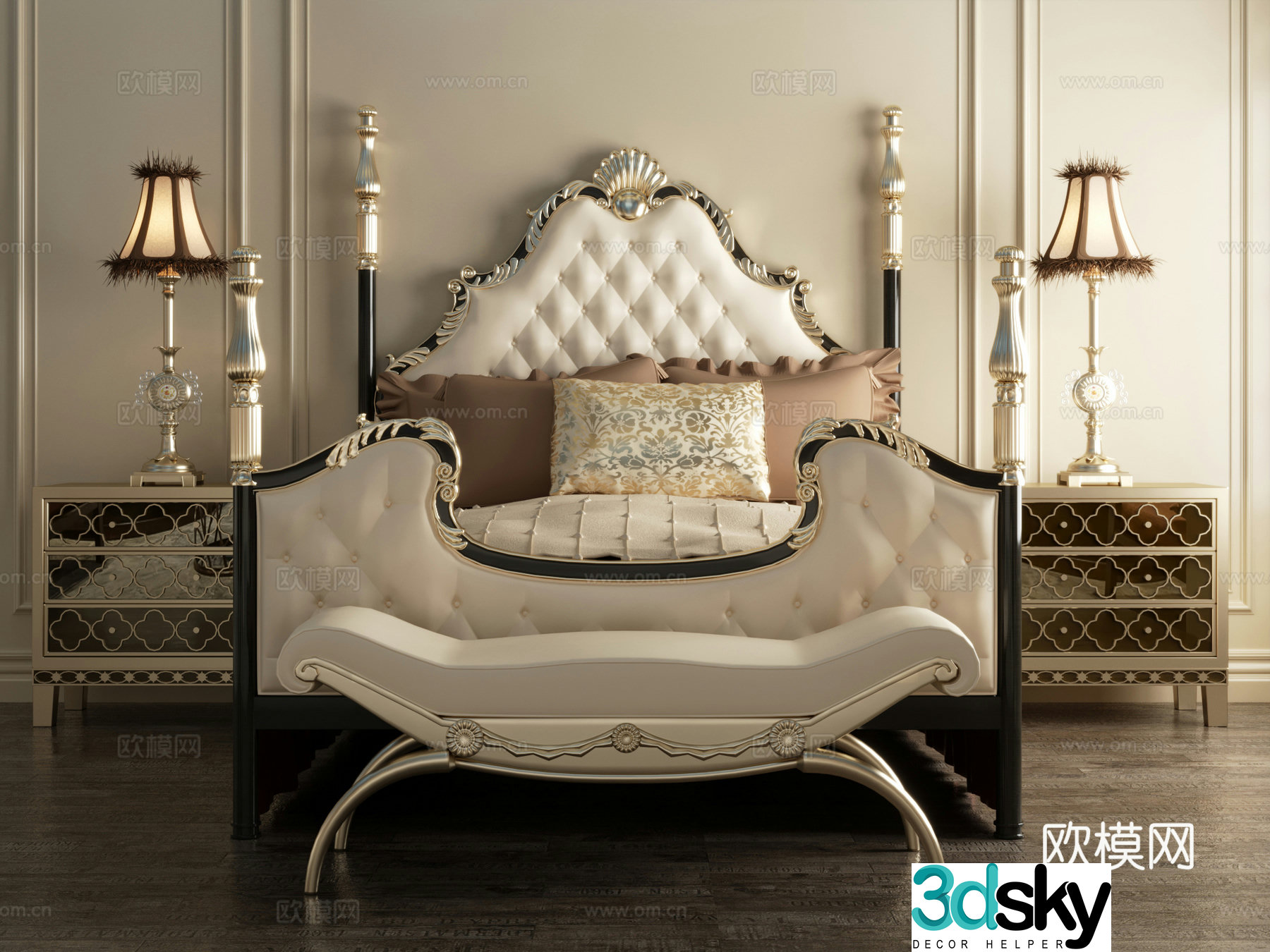 European double bed 3D model