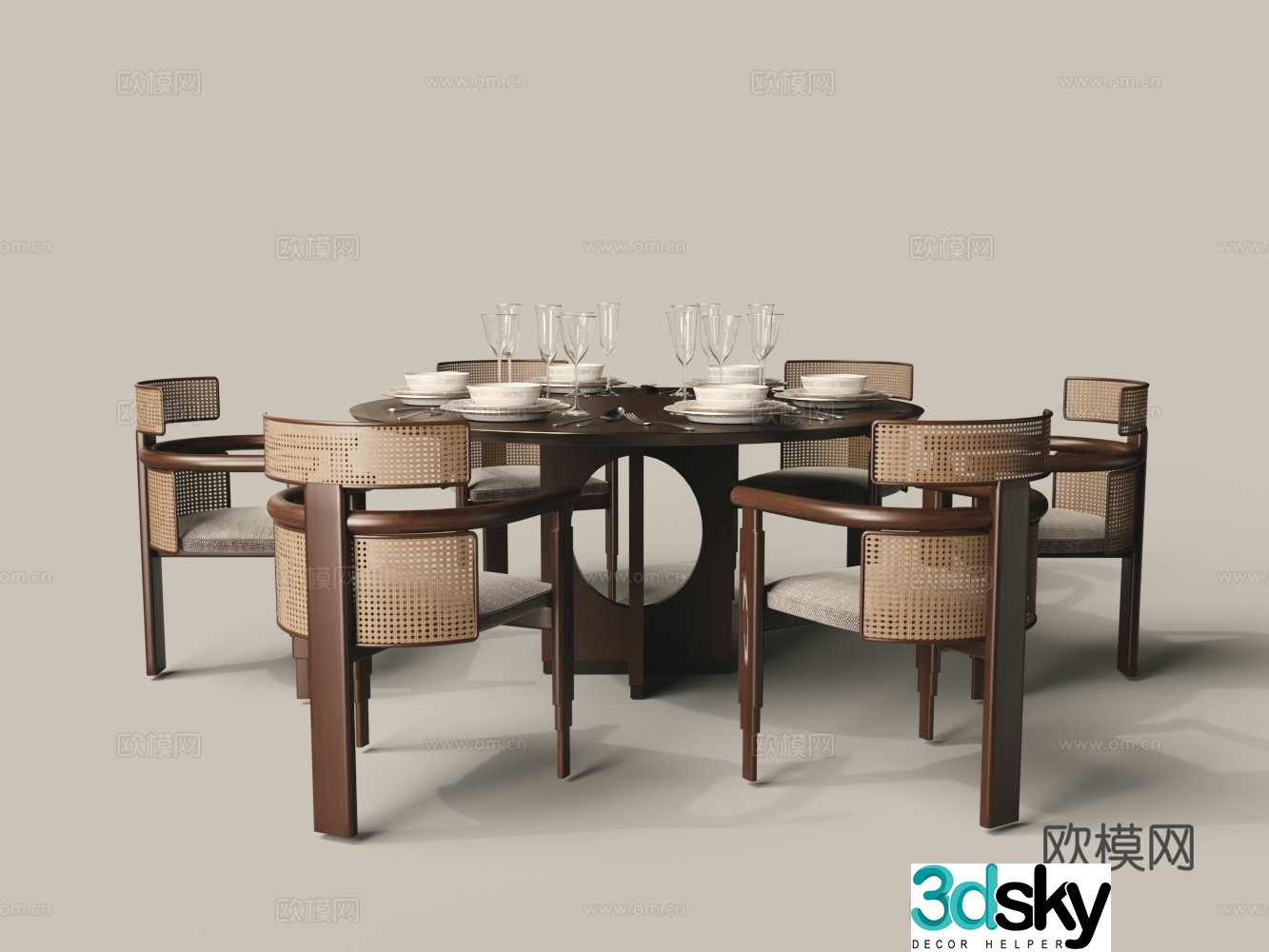 Chinese mahogany round table and chair dining table and chair combination 3D model