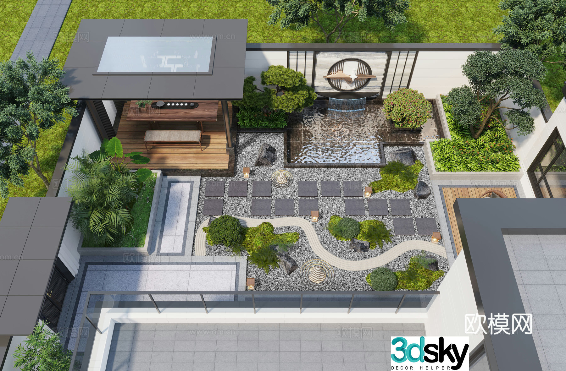 New Chinese style courtyard landscape pavilion courtyard water view villa courtyard courtyard sketch 3d model
