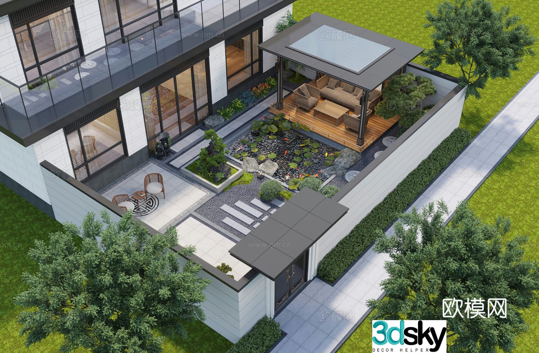New Chinese style courtyard landscape pavilion courtyard water view villa courtyard courtyard sketch 3d model