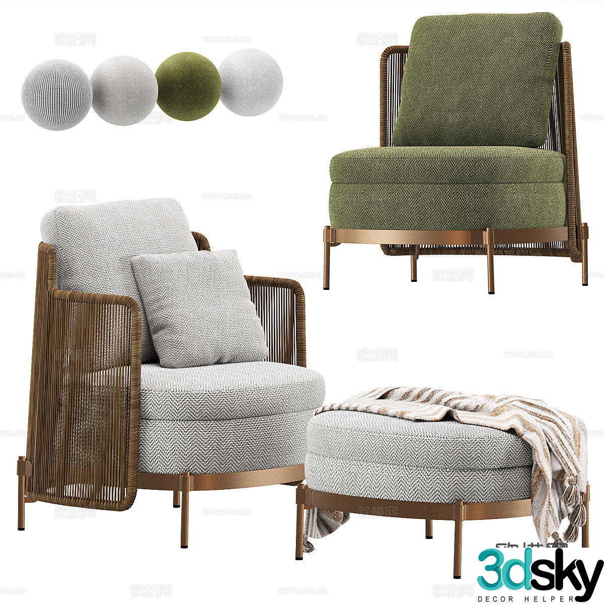 Modern Italian light luxury rattan fabric armchair 3D model