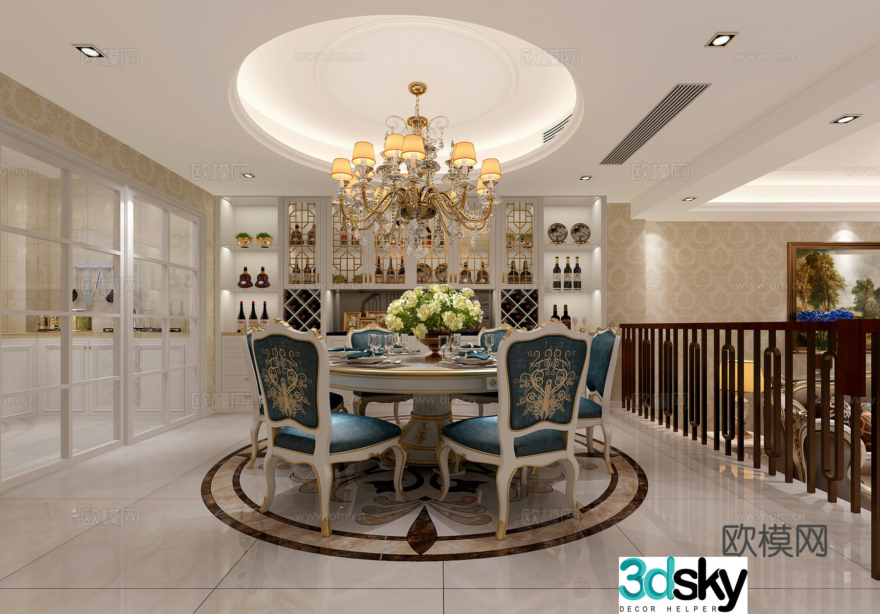 Luxury European style living and dining room sofa and coffee table chandeliers paintings TV cabinets ornaments dining tables and chairs 3D models