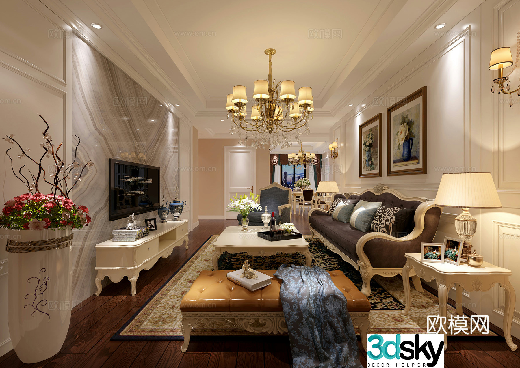 Simple European style living and dining room sofa coffee table chandeliers paintings TV cabinets ornaments dining tables and chairs 3D models