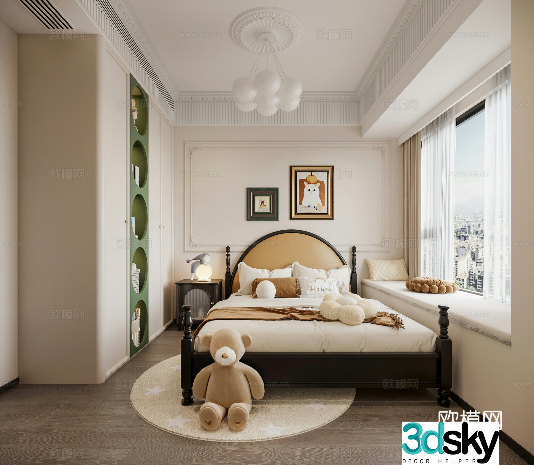 French medieval style bedroom medieval style children’s room bedroom double bed hanging painting chandeliers bay window 3d model