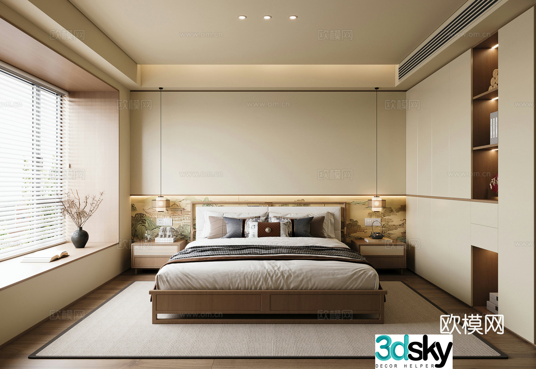 New Chinese style Song style bedroom New Chinese style without owner lights Song style double bed Small chandeliers 3D model