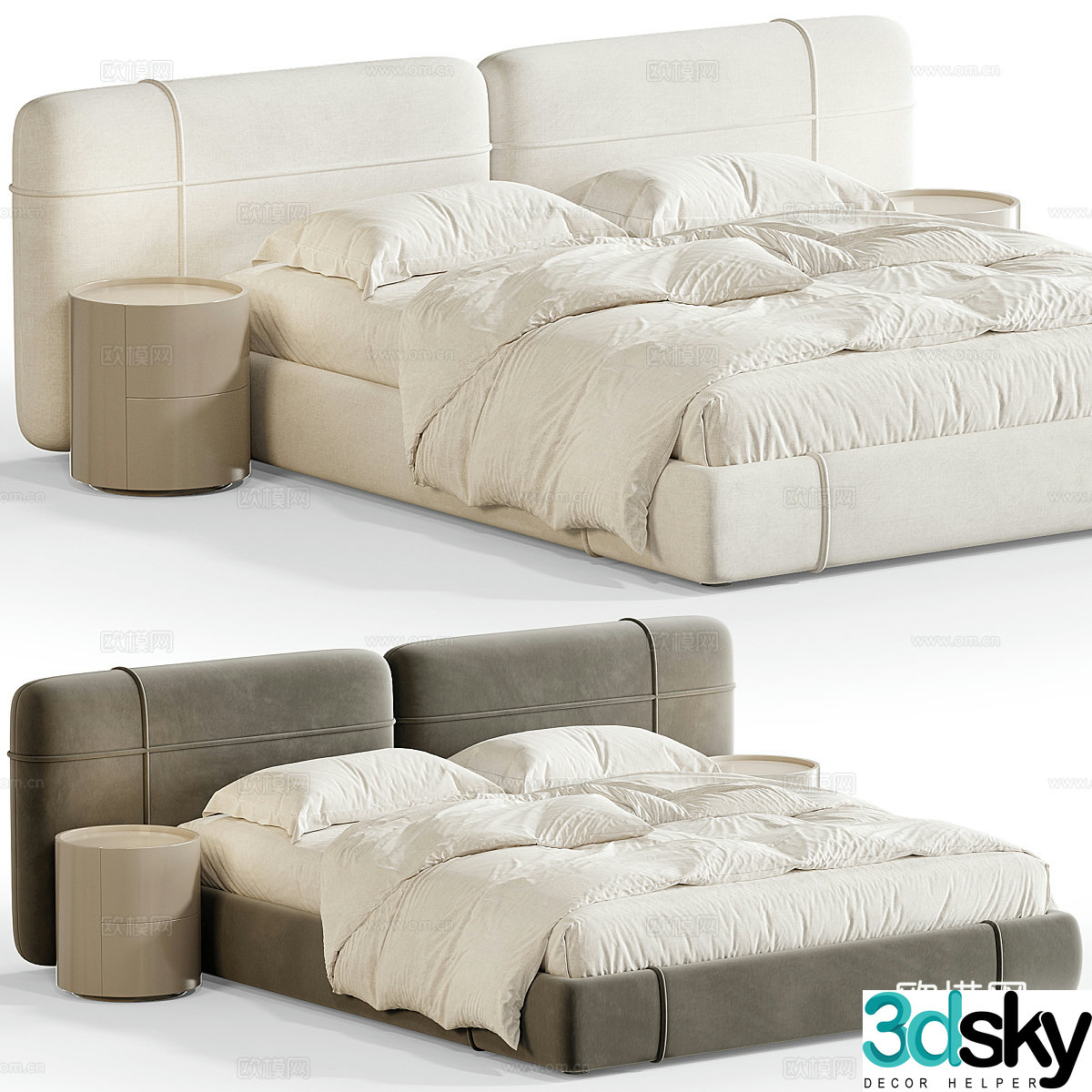 Modern cream style fabric double bed 3d model