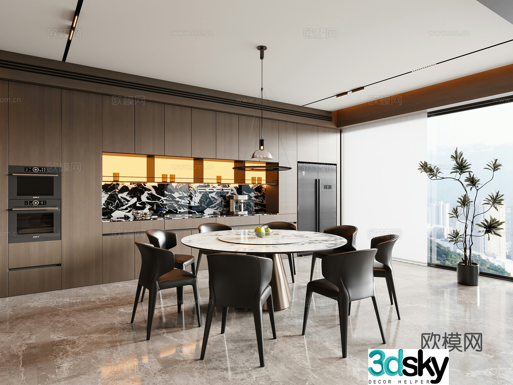 Modern Italian restaurant round dining table and chair chandeliers wine cabinet sideboard 3d model