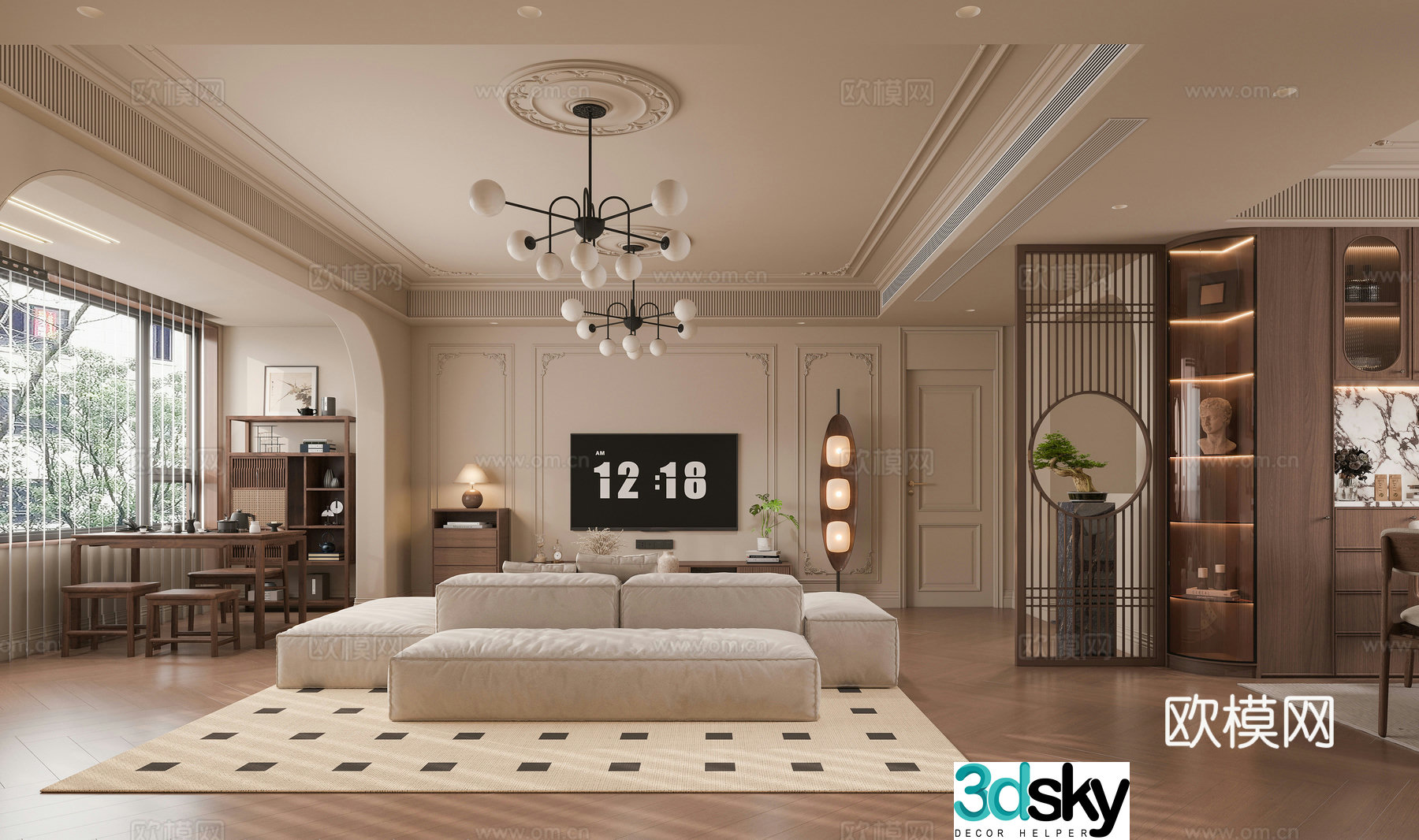 Medium style living room restaurant cream style living room restaurant tea table Duobao grid wooden screen end view platform glass wine cabinet wooden 3D model