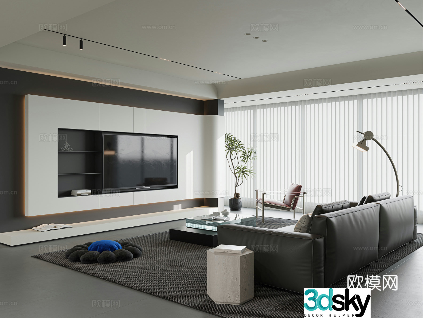 Modern living room large flat living room living room without lights sofa and coffee table combination TV background wall 3D model
