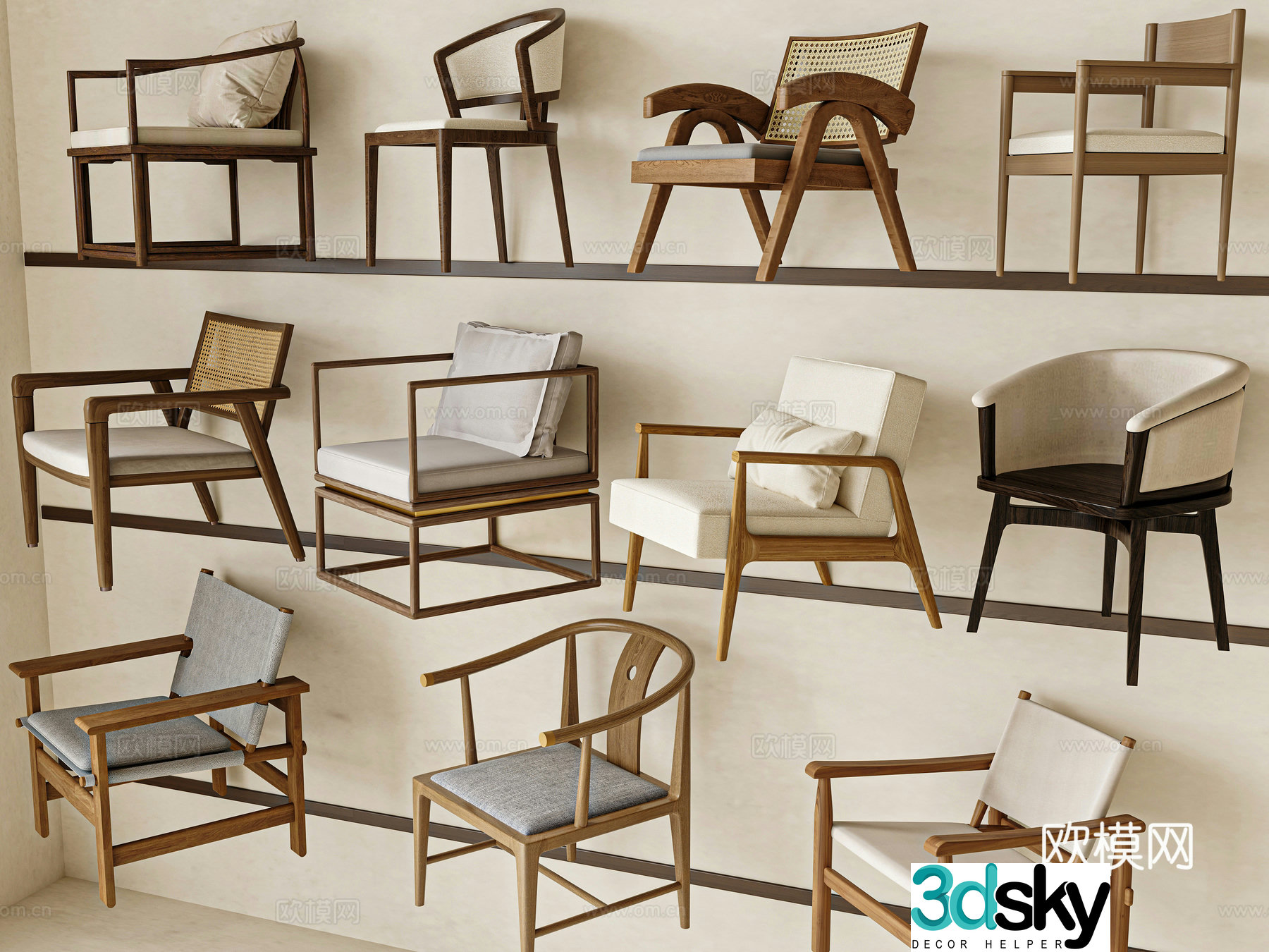 New Chinese style Song style leisure chair book chair wooden chair sofa chair rattan chair 3d model