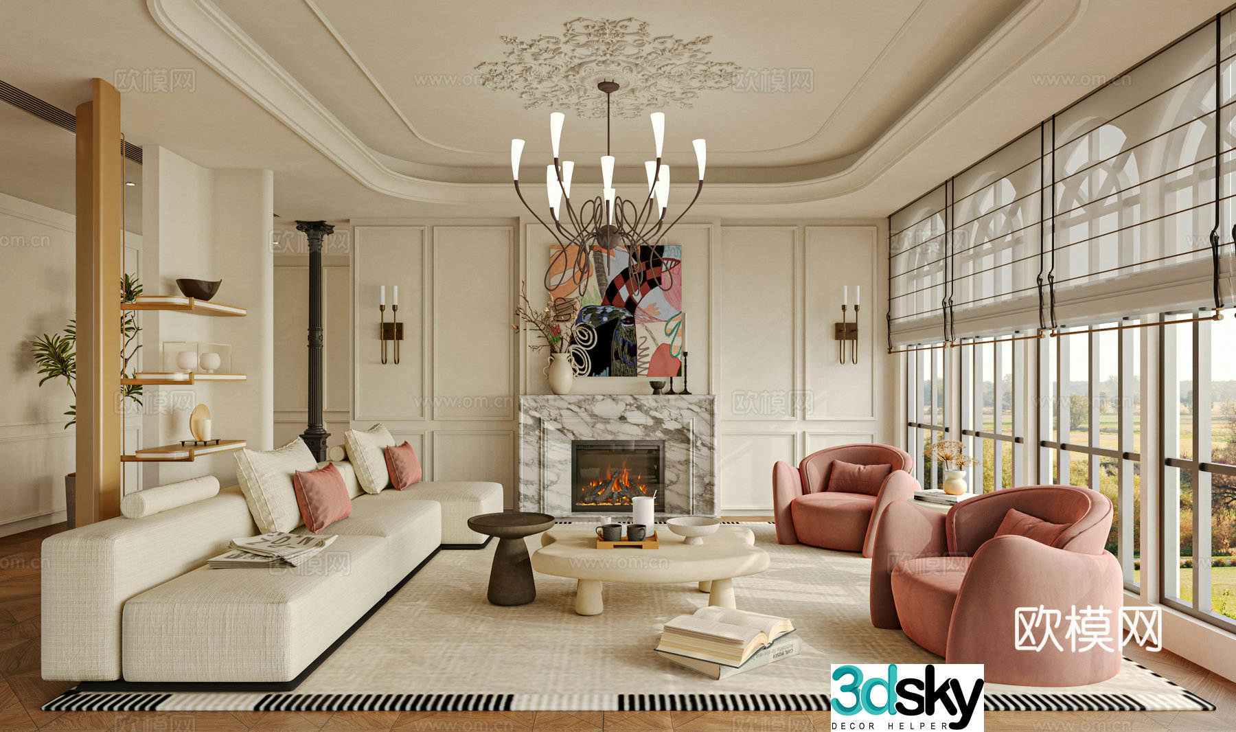 French living room sofa single chair coffee table 3d model