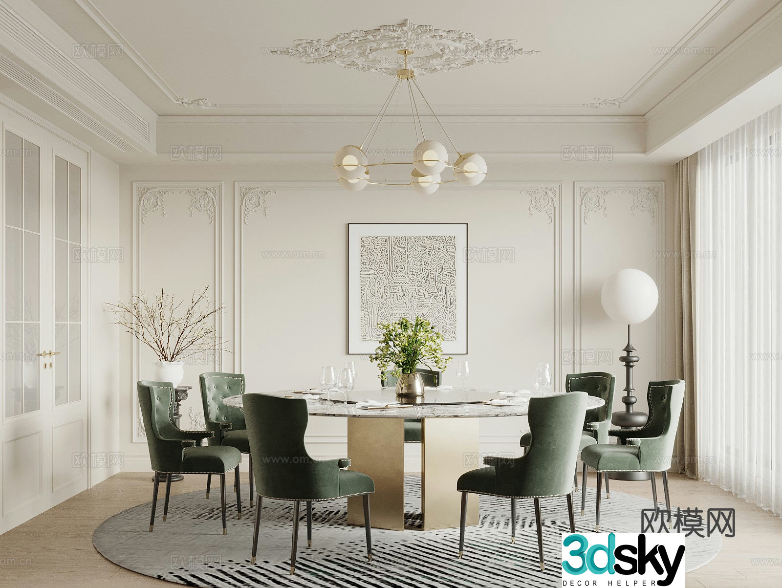 French simple European style restaurant round dining table and chair combination gypsum line background wall restaurant chandelier 3d model