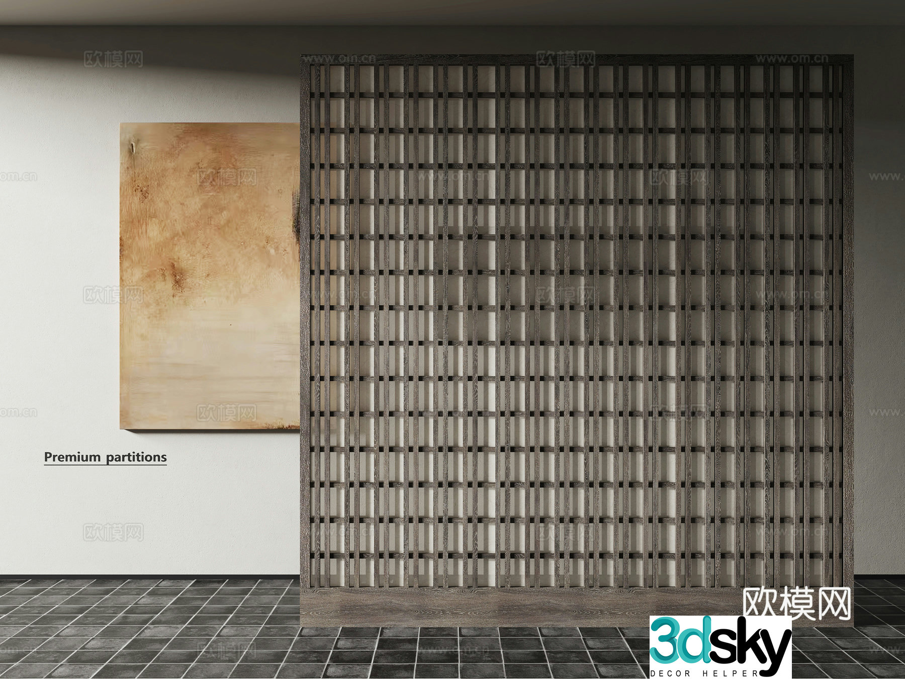 Modern wooden grille screen partition Translucent rice paper Drawing 3D model